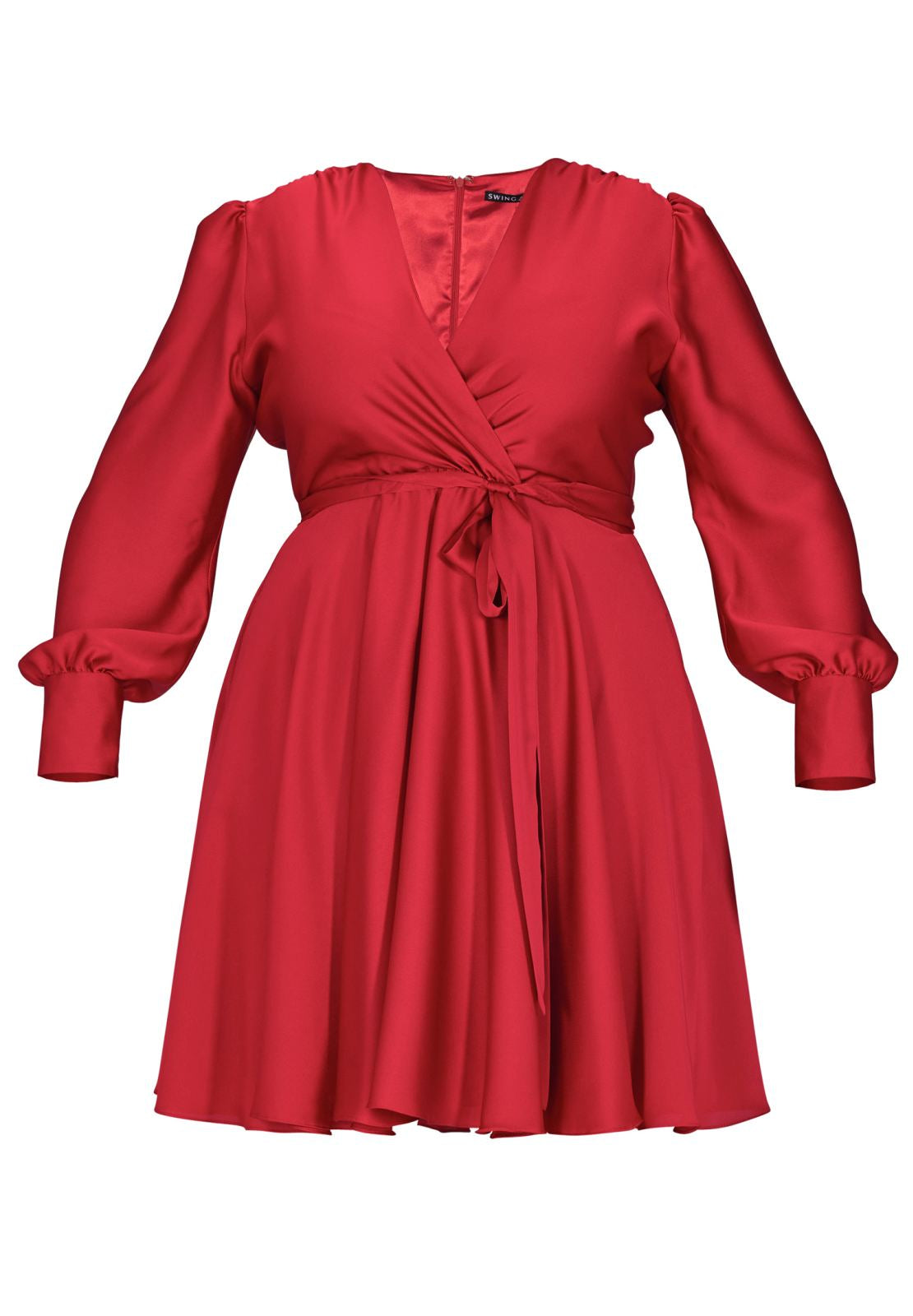 Cocktailkleid aus Satin mit breiten Manschetten, Wickel Oberteil und Tellerrock