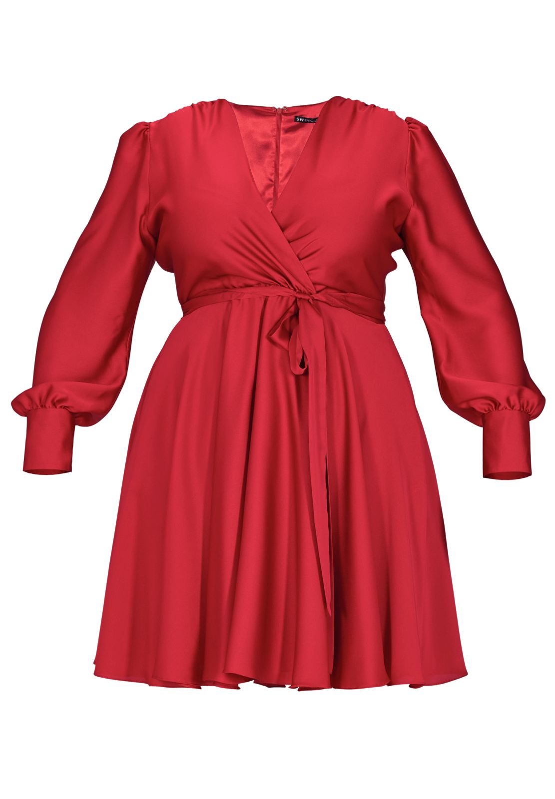 Cocktailkleid aus Satin mit breiten Manschetten, Wickel Oberteil und Tellerrock