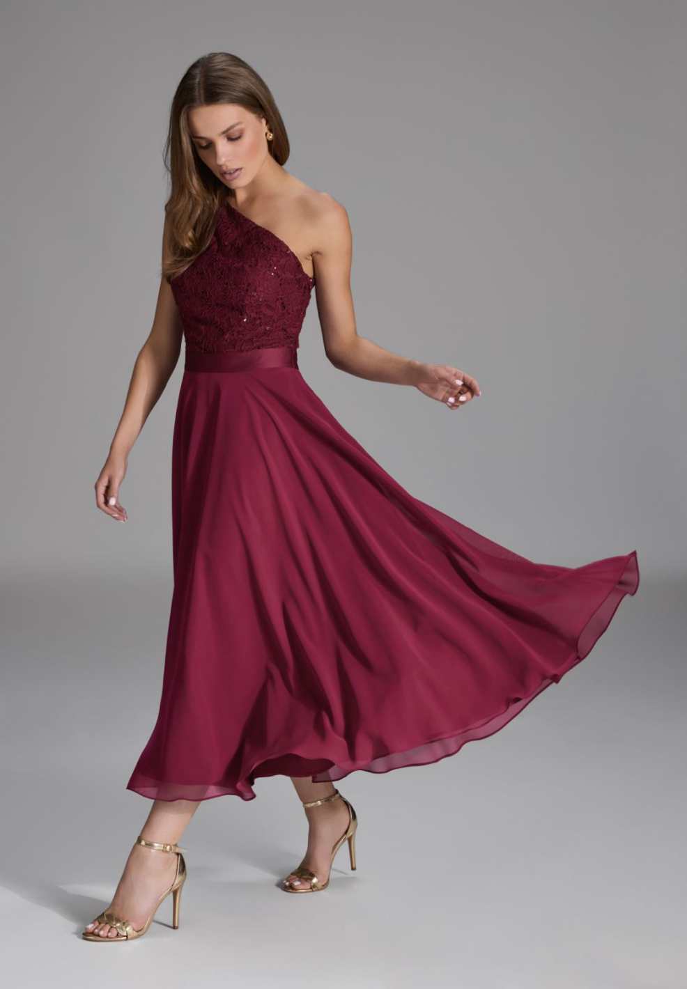 One Shoulder Midi Kleid aus Material Mix ruby red