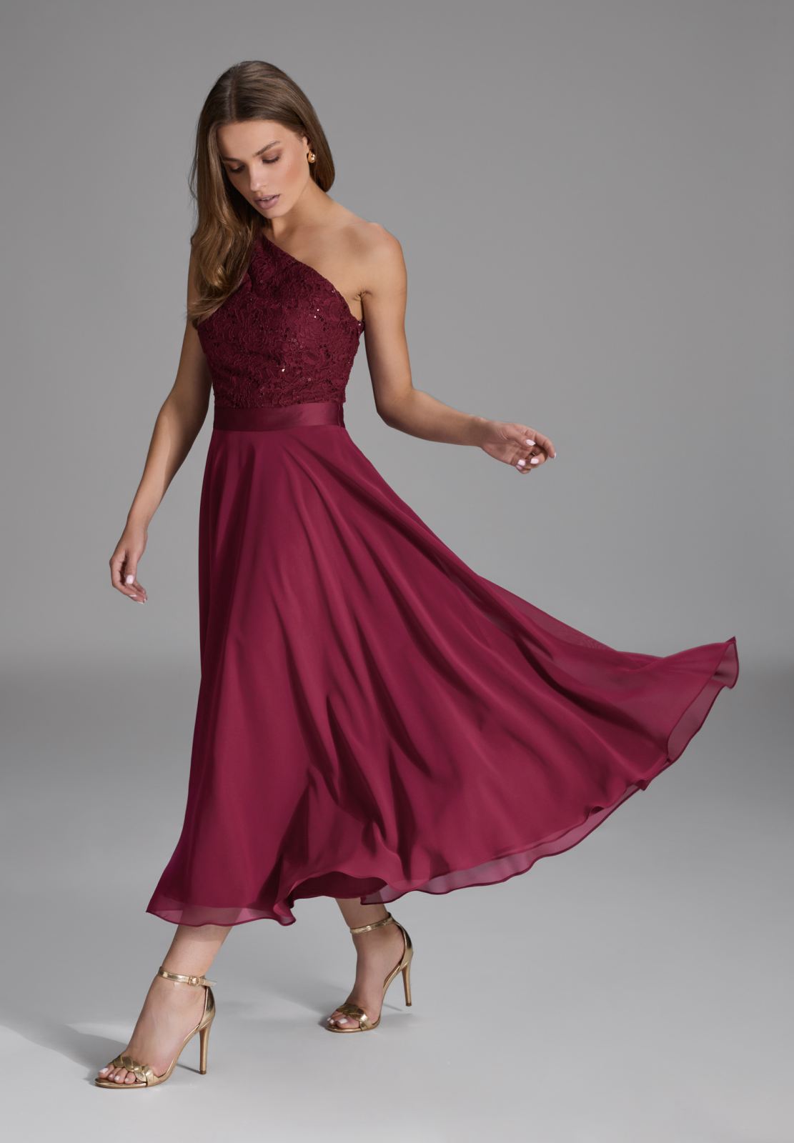 One Shoulder Midi Kleid aus Material Mix ruby red