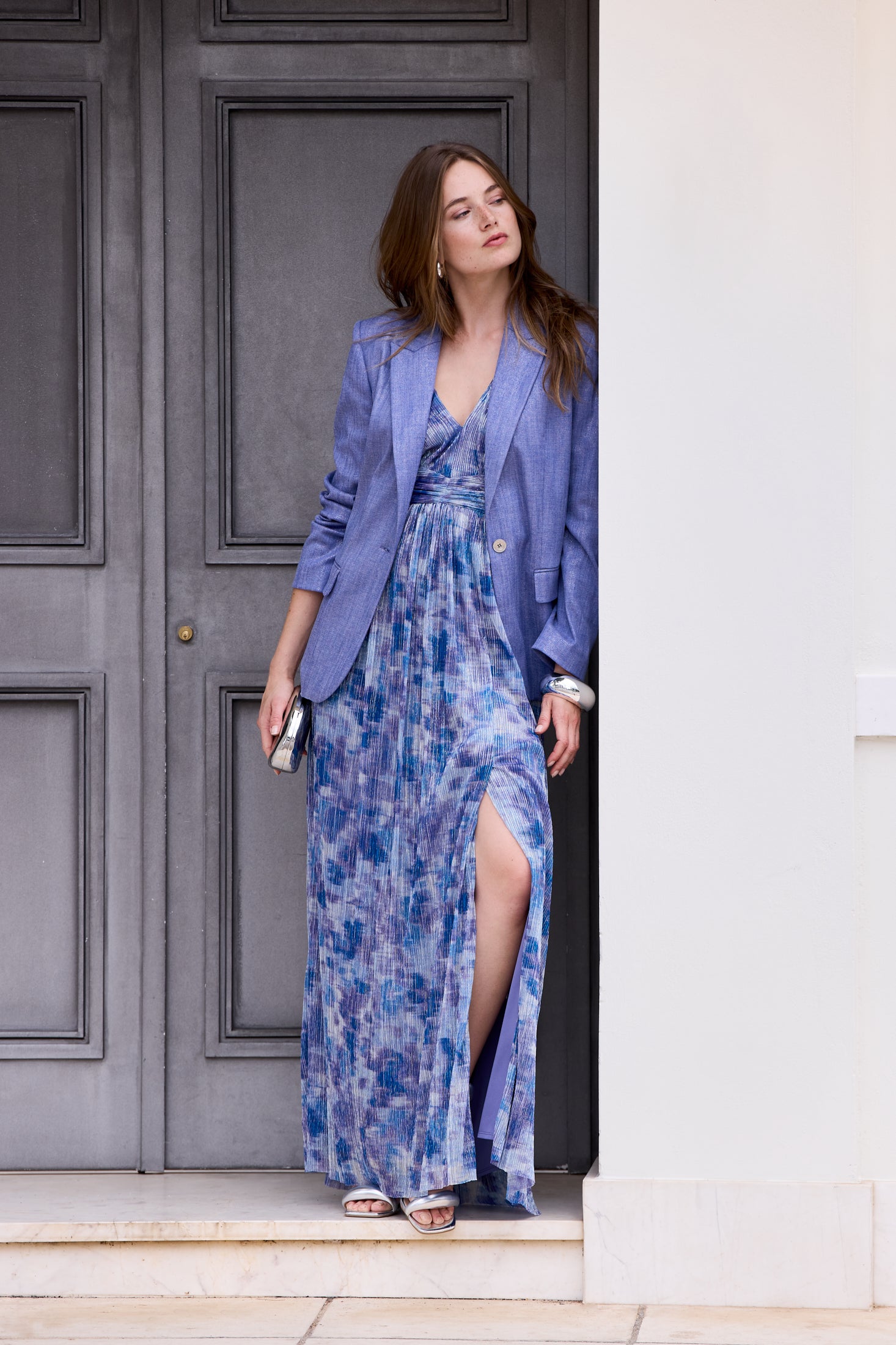 Abendkleid aus bedrucktem Jersey Plissee mit Metallic Faden navy future blue