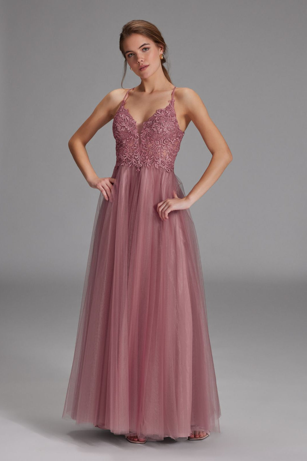 Tüll-Abendkleid mit Spitzenstickerei rose berry