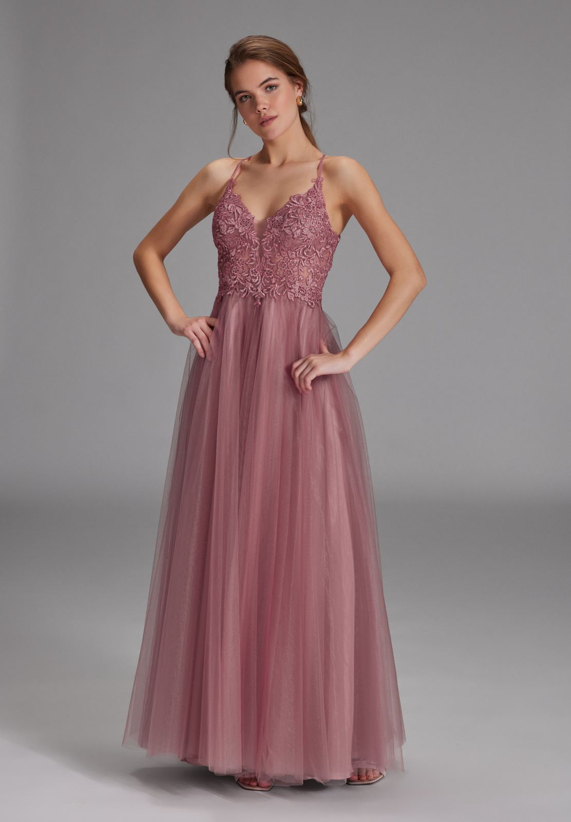 Tüll-Abendkleid mit Spitzenstickerei rose berry