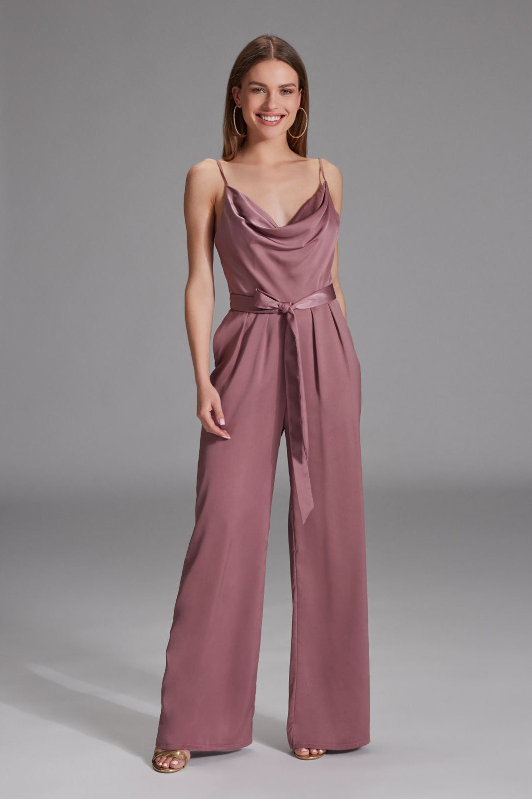 Satin Jumpsuit mit Bindegürtel brick