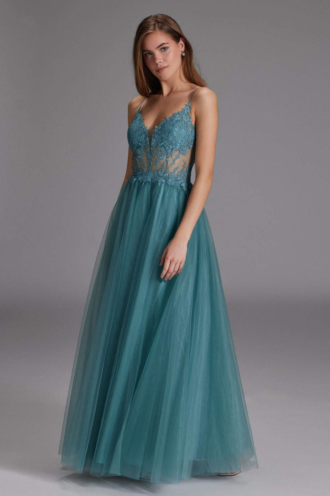 Ausgestelltes Tüllkleid mit Spitzenstickerei sea blue