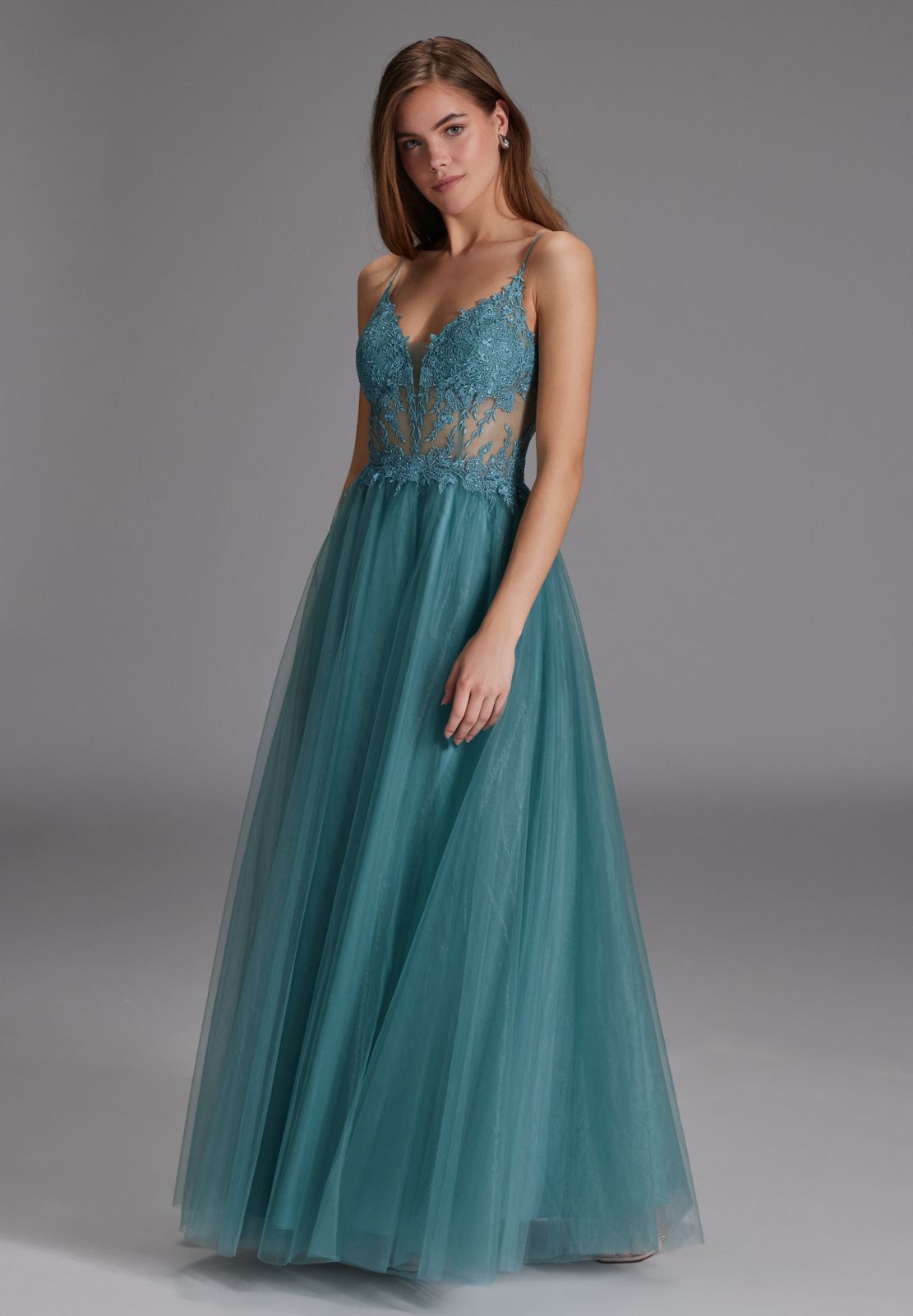Ausgestelltes Tüllkleid mit Spitzenstickerei sea blue
