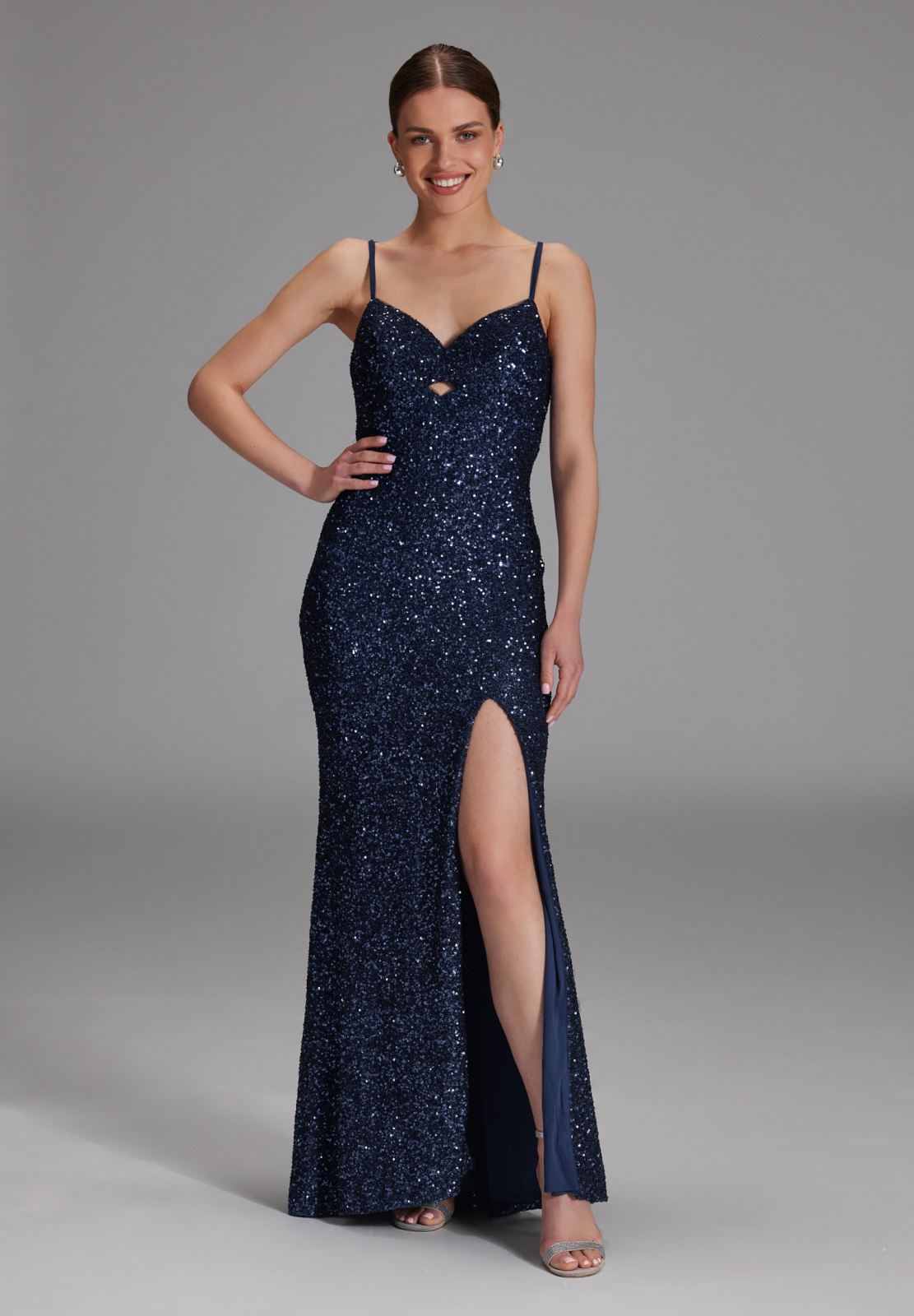 Bodenlanges Paillettenkleid mit Cut-Out Detail navy