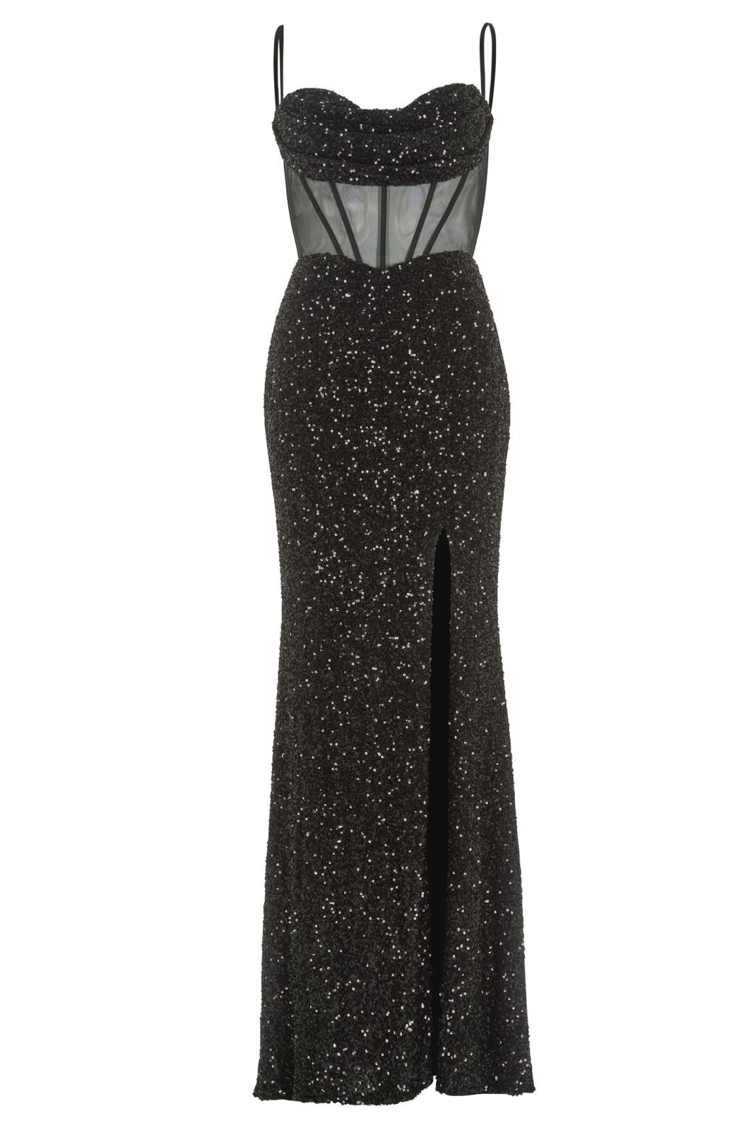 Paillettenkleid mit Taillenpart in See-through Optik