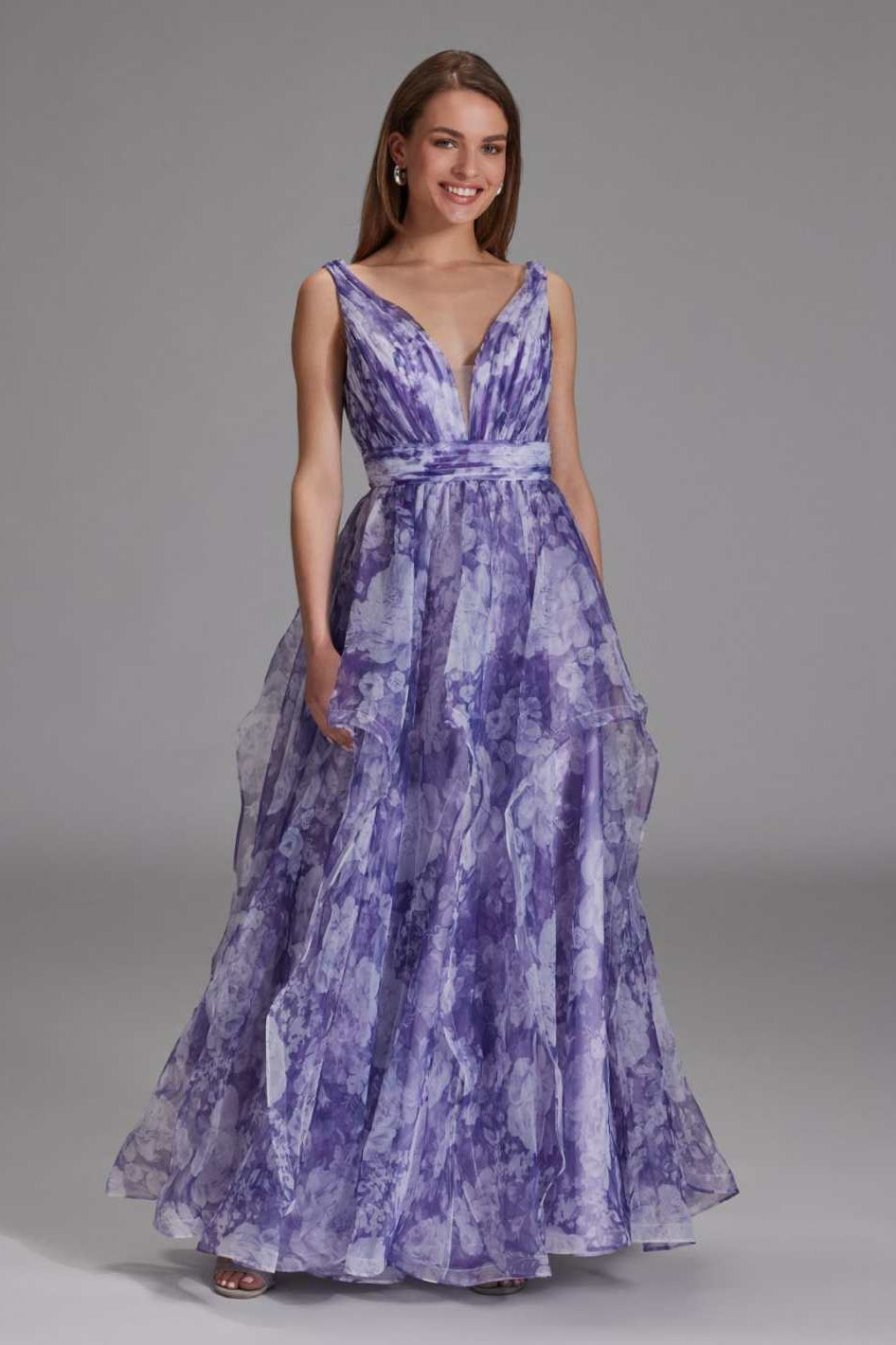 Organza Printkleid mit Volants lilac white