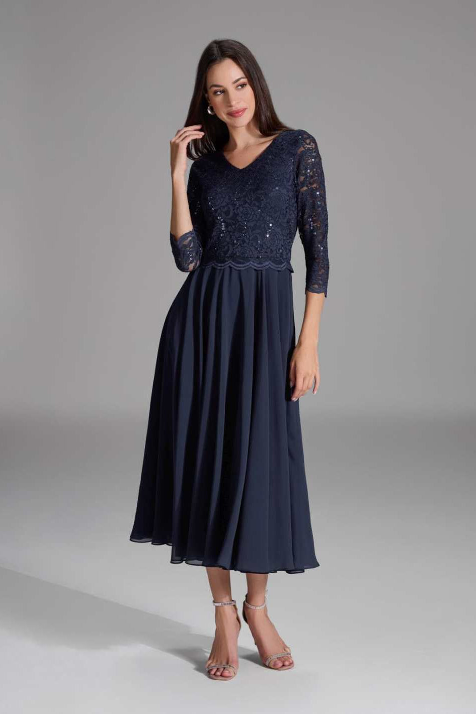 Midi Kleid mit paillettenbesetztem Spitzenoberteil navy