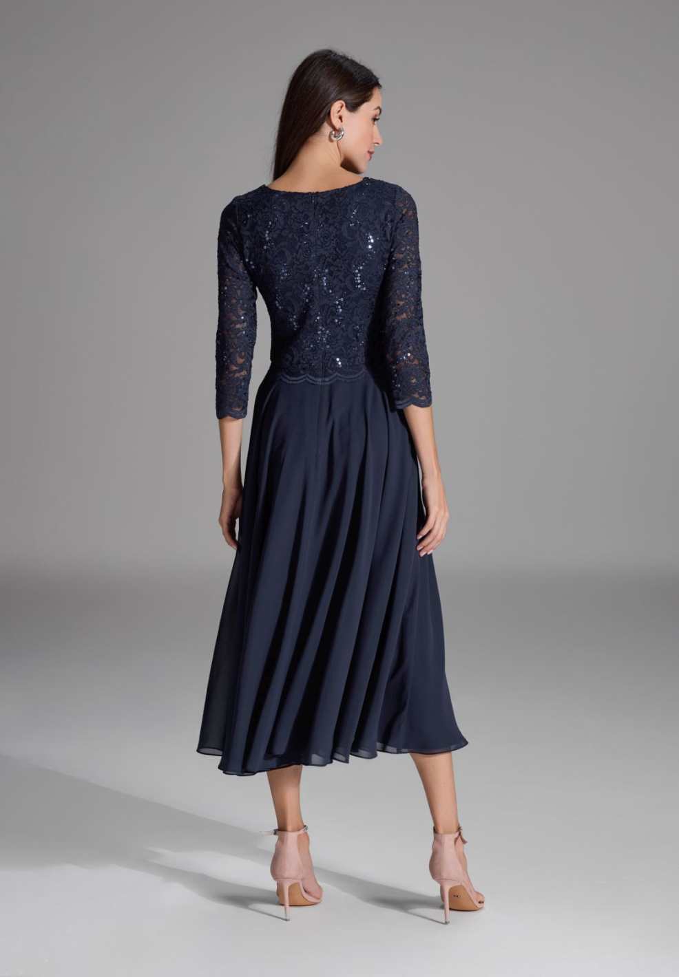 Midi Kleid mit paillettenbesetztem Spitzenoberteil