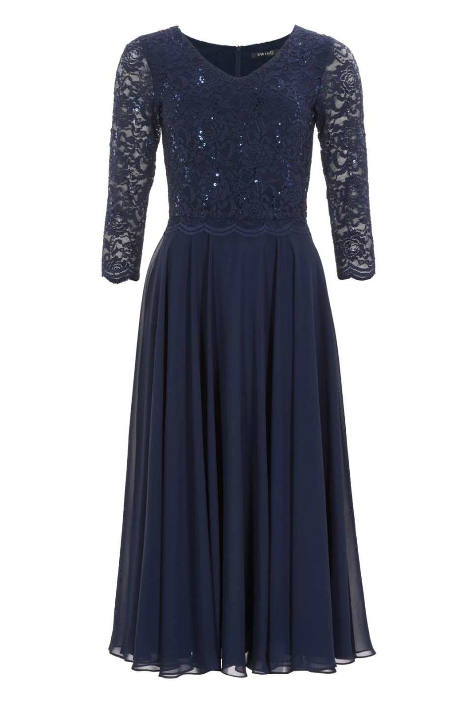 Midi Kleid mit paillettenbesetztem Spitzenoberteil