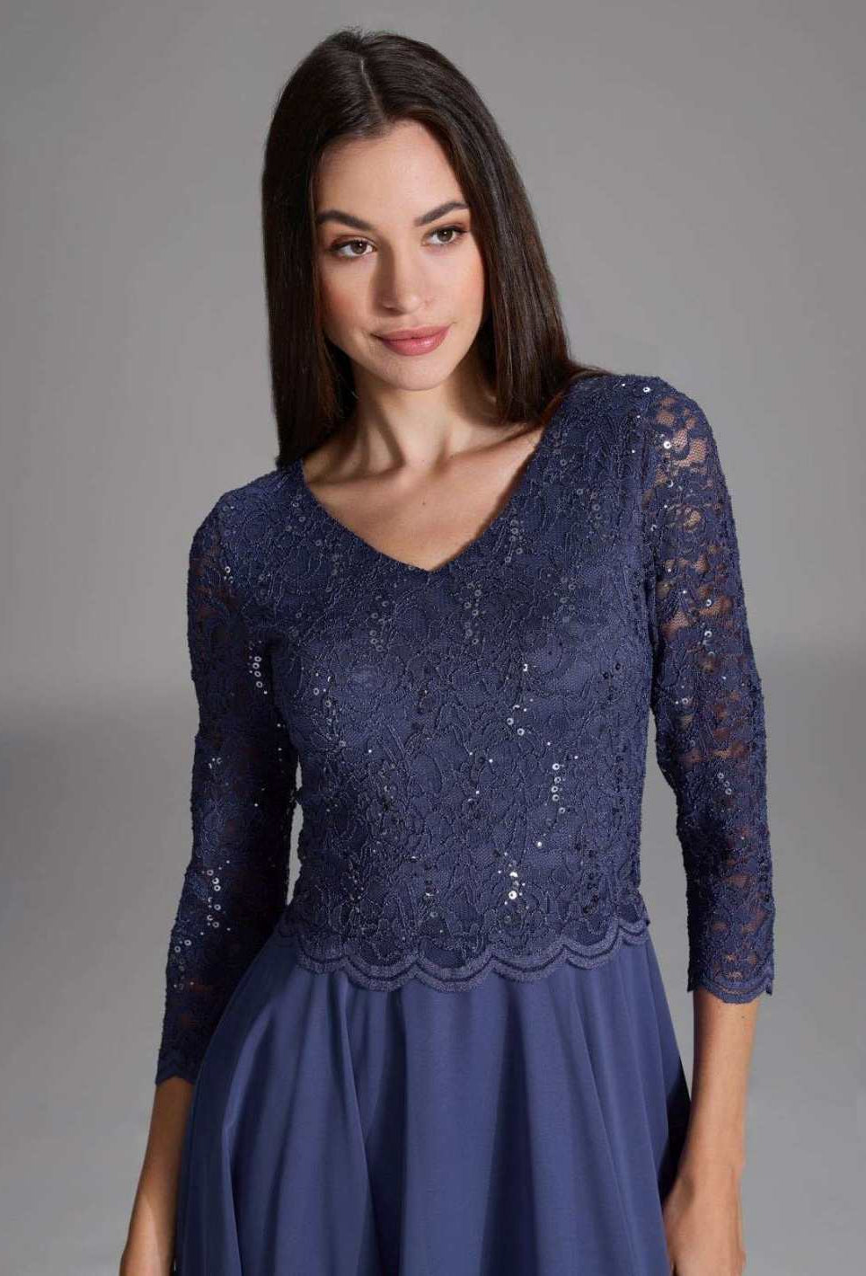 Midi Kleid mit paillettenbesetztem Spitzenoberteil