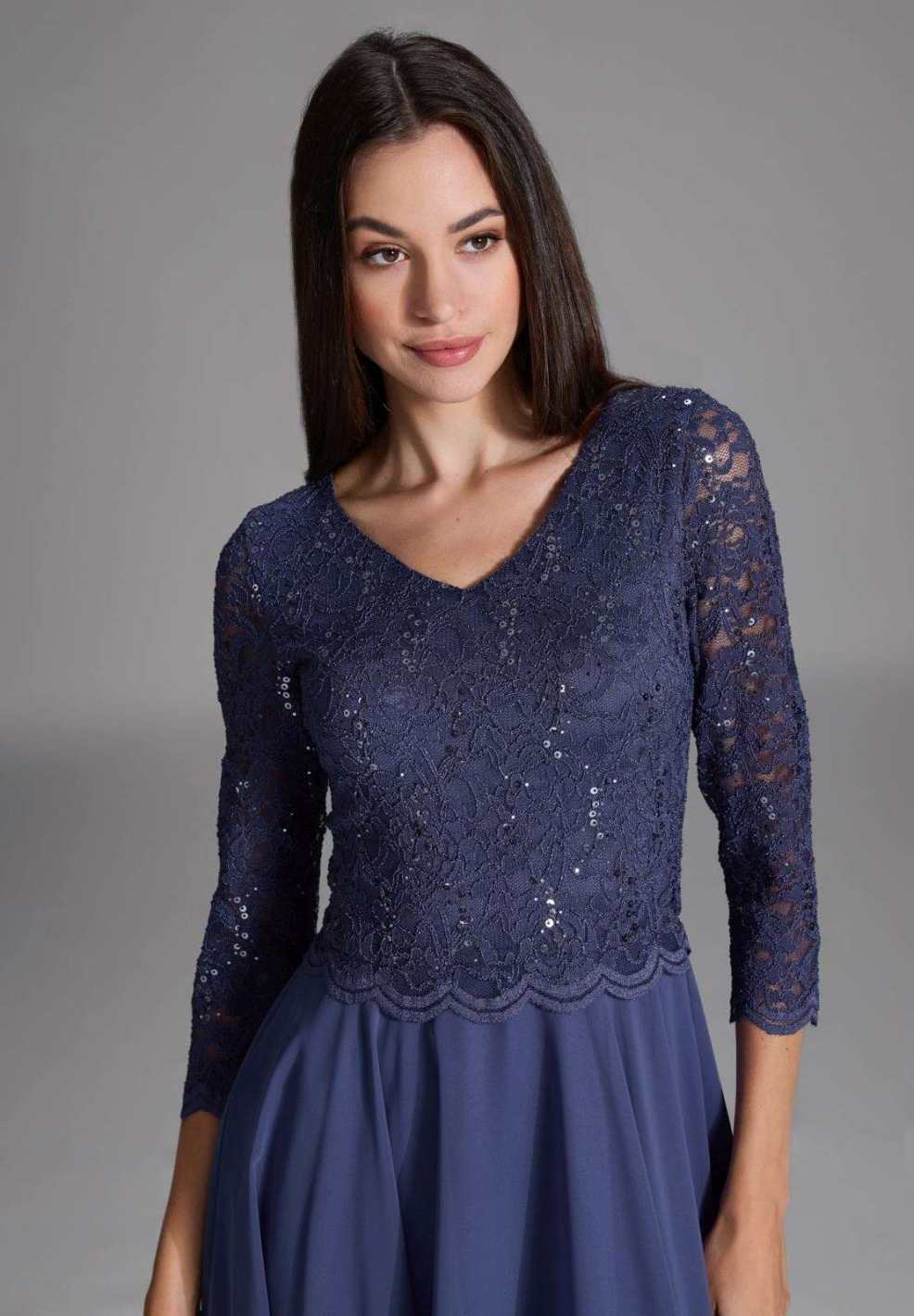 Midi Kleid mit paillettenbesetztem Spitzenoberteil