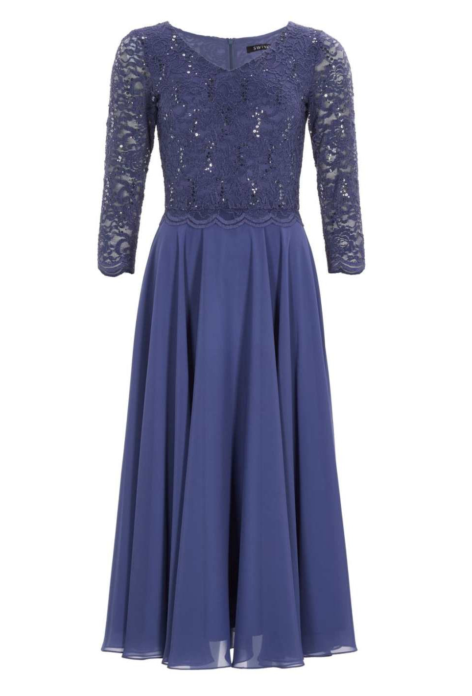 Midi Kleid mit paillettenbesetztem Spitzenoberteil