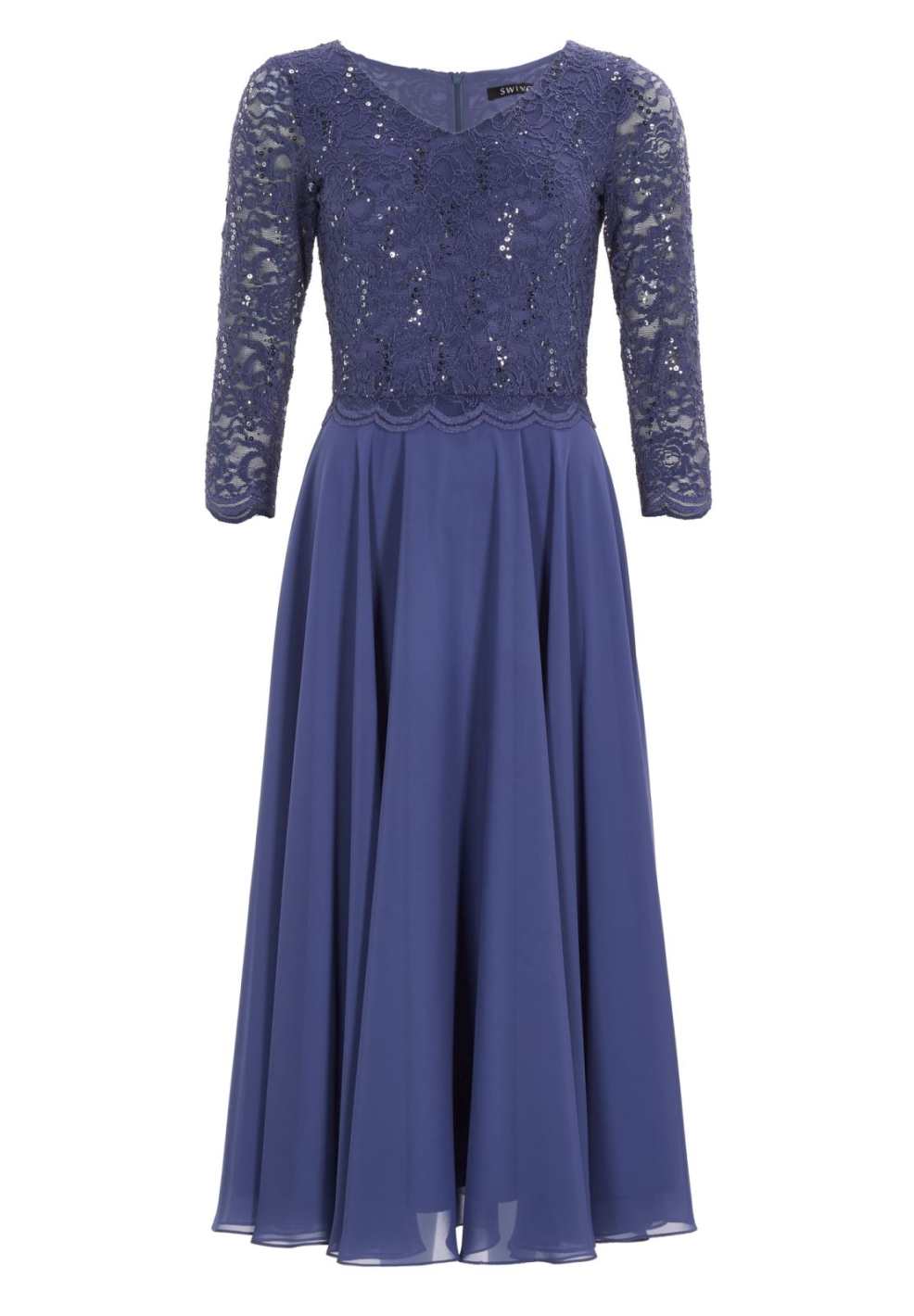 Midi Kleid mit paillettenbesetztem Spitzenoberteil