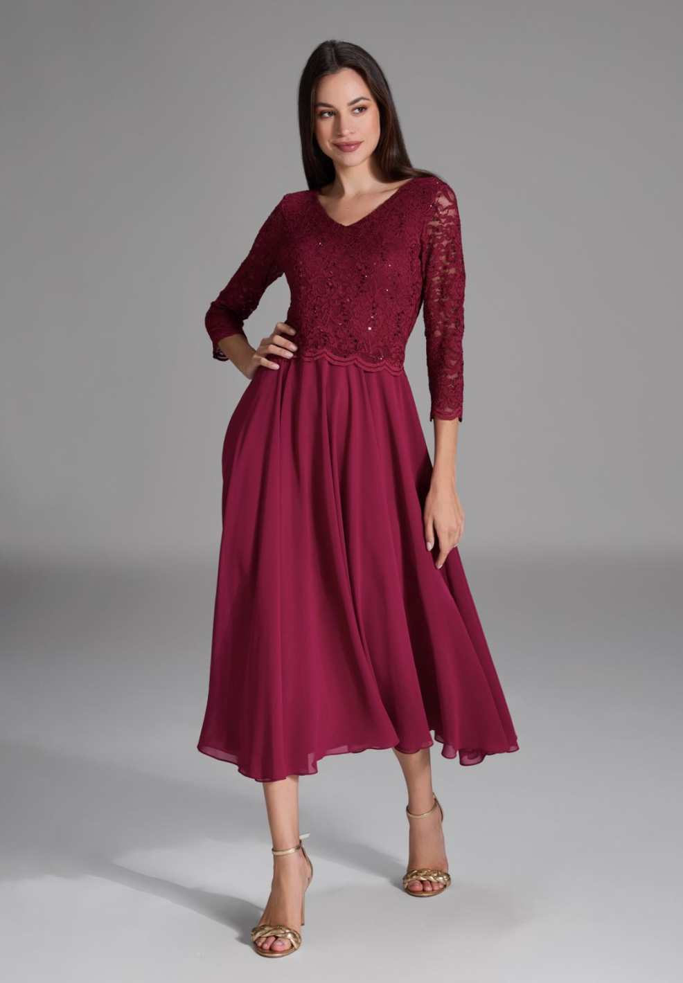 Midi Kleid mit paillettenbesetztem Spitzenoberteil ruby red