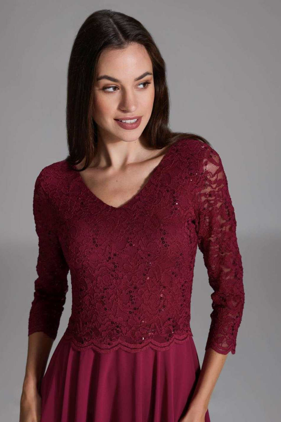 Midi Kleid mit paillettenbesetztem Spitzenoberteil