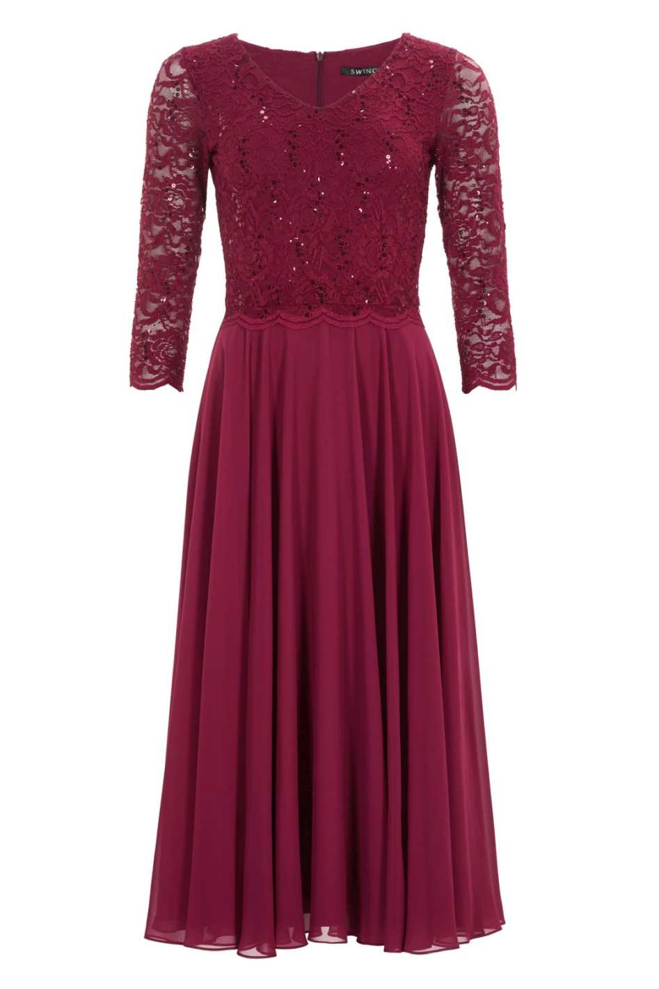 Midi Kleid mit paillettenbesetztem Spitzenoberteil