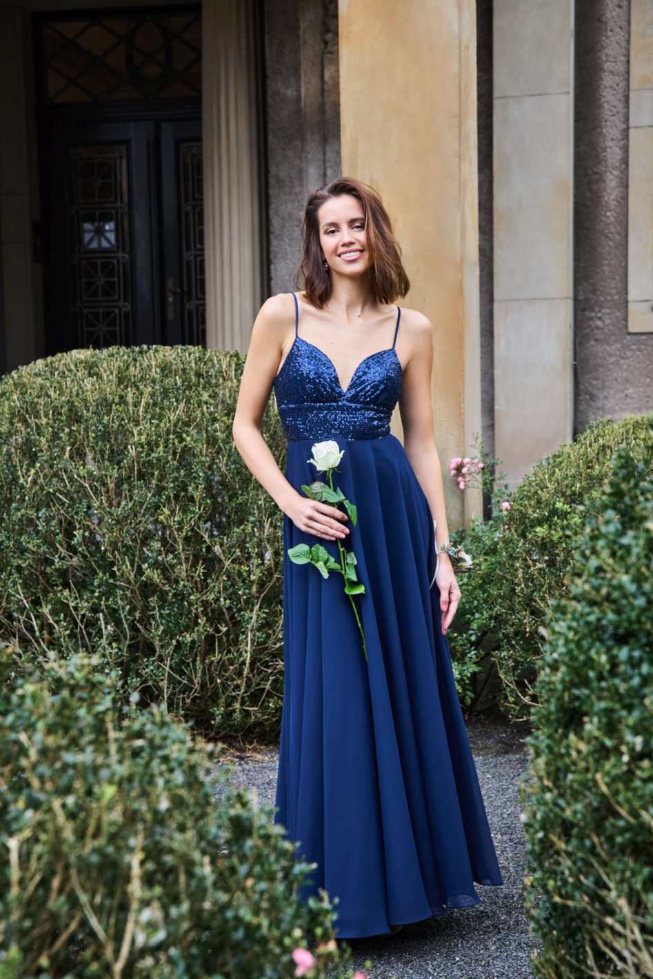 Abendkleid mit Schnür-Oberteil aus Paillette navy