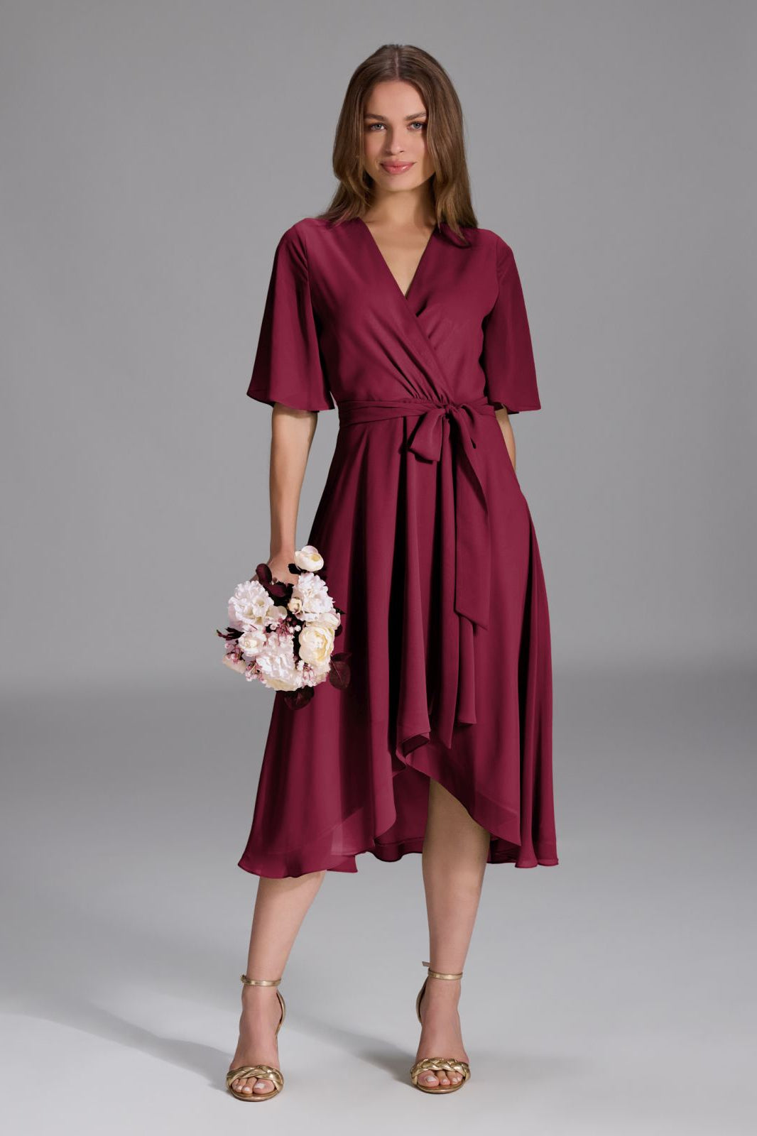 Chiffon Kleid in Wickel Optik mit Vokuhila Saum ruby red