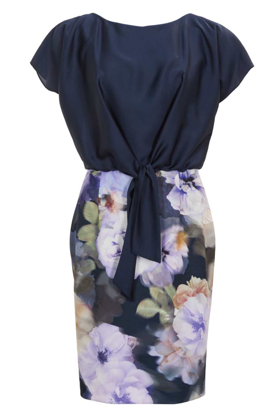 Etuikleid aus floral bedrucktem Scuba und Satin