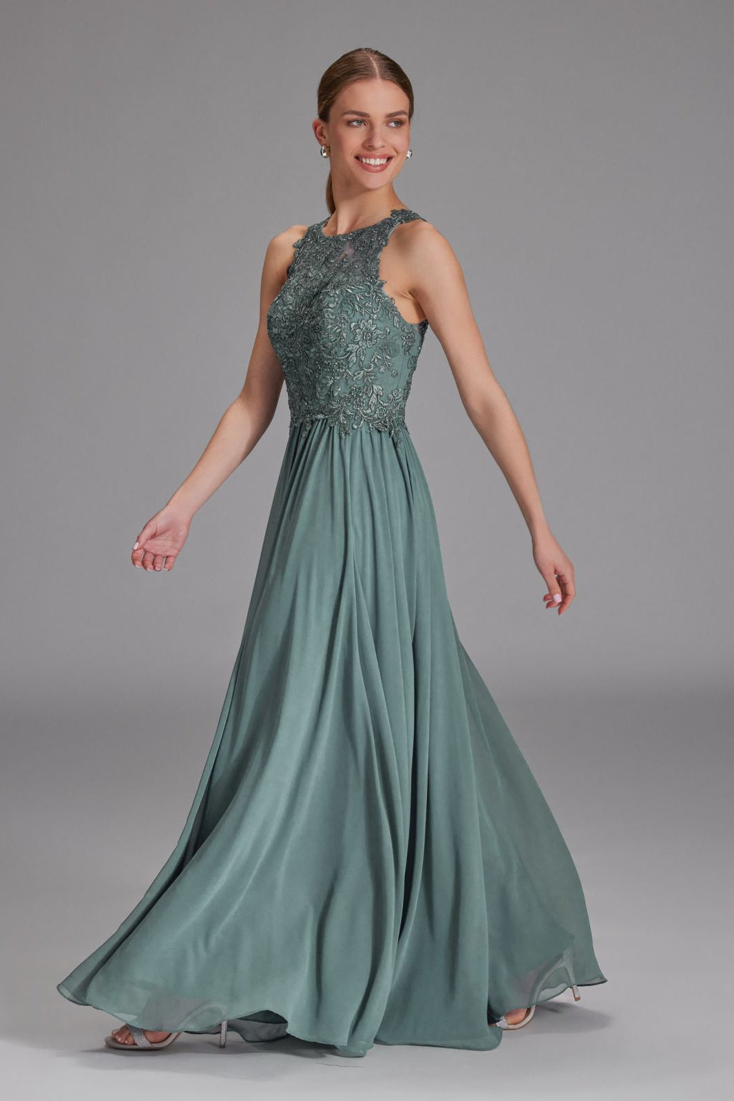 Hochgeschlossenes Kleid mit Spitzenstickerei deep slate