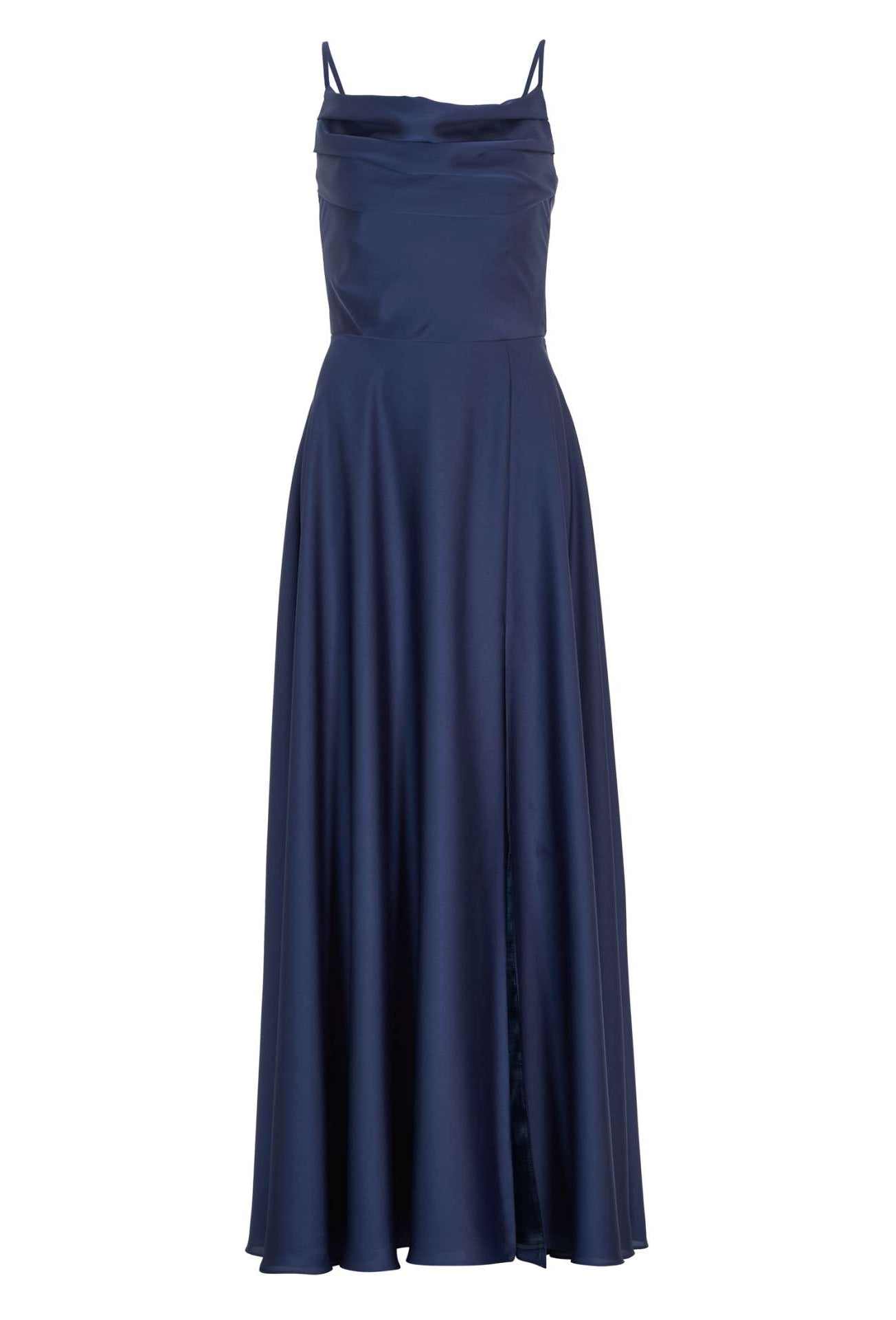 Abendkleid aus nachhaltigem Satin mit Wasserfall-Ausschnitt und Beinschlitz