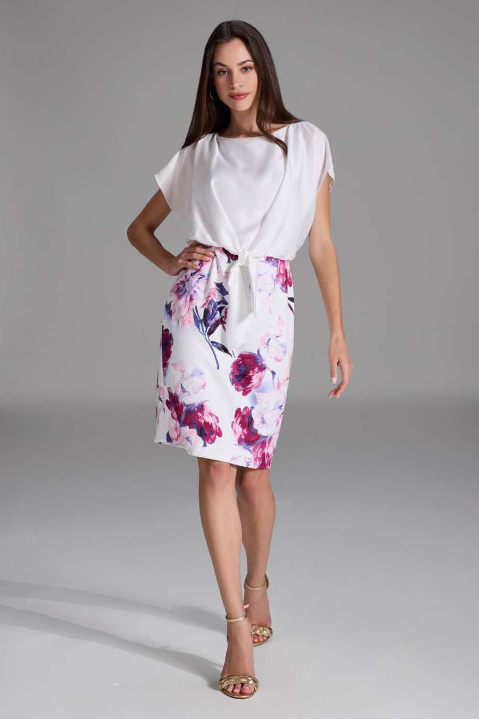 Etuikleid aus floral bedrucktem Scuba und Satin