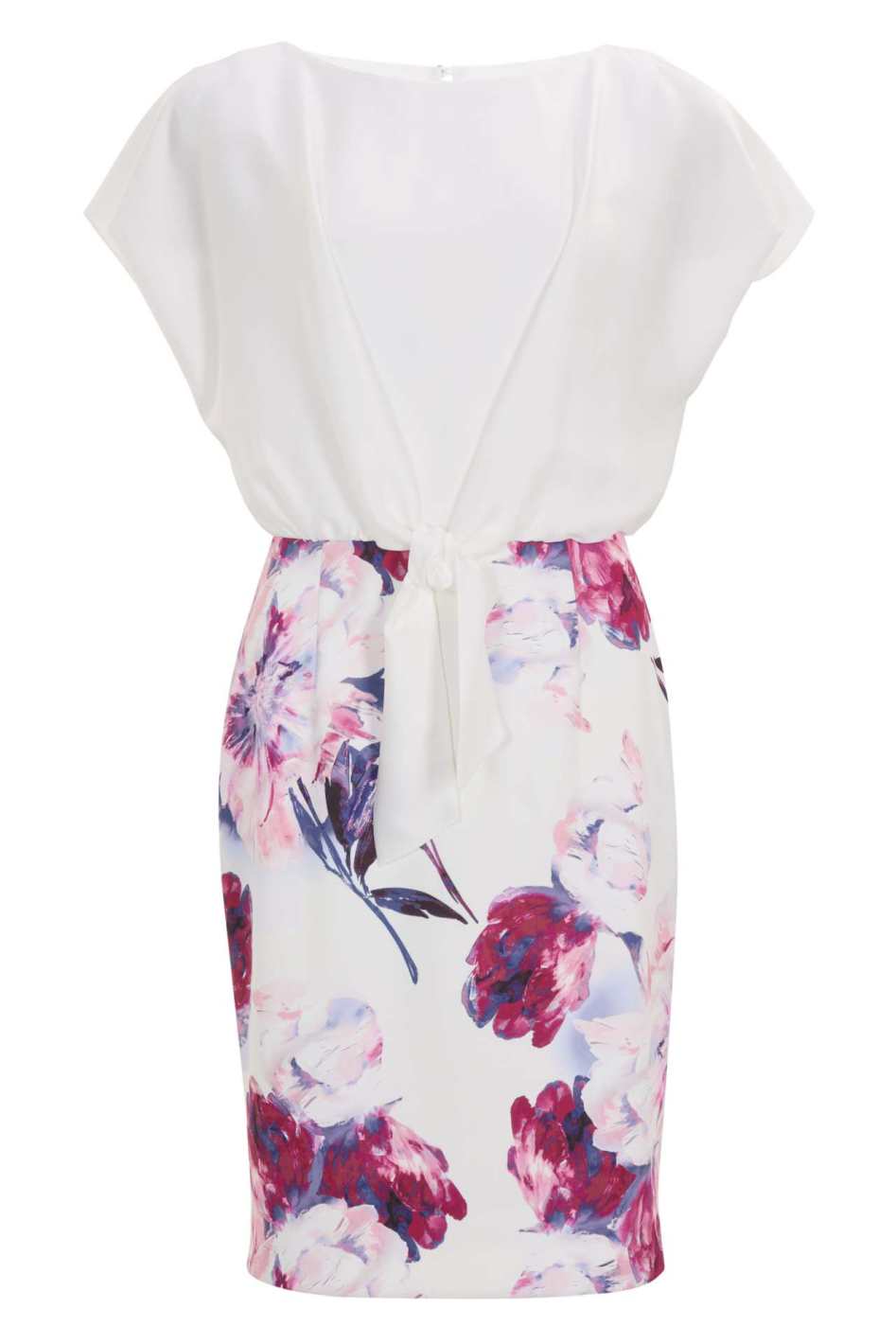 Etuikleid aus floral bedrucktem Scuba und Satin