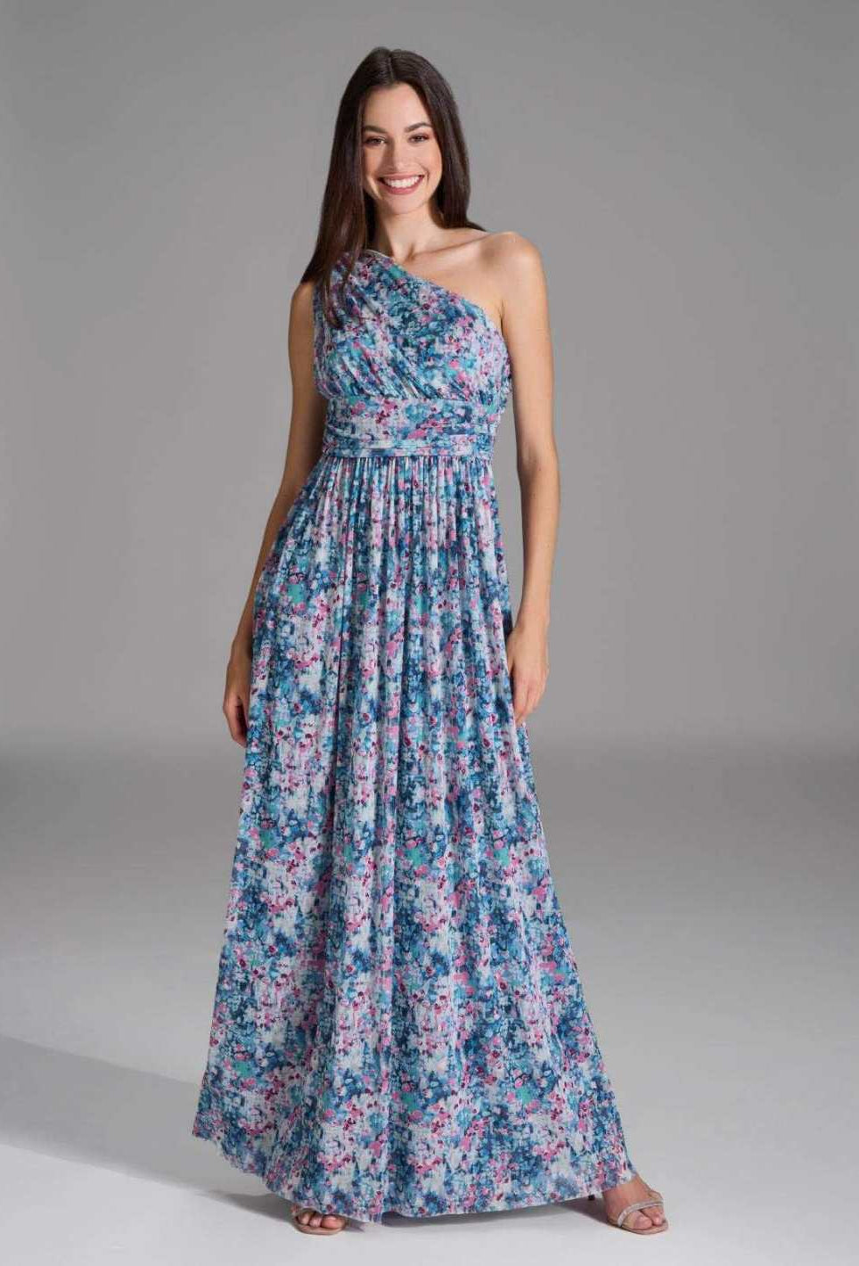 One Shoulder Abendkleid aus floral bedrucktem Mesh future blue multi