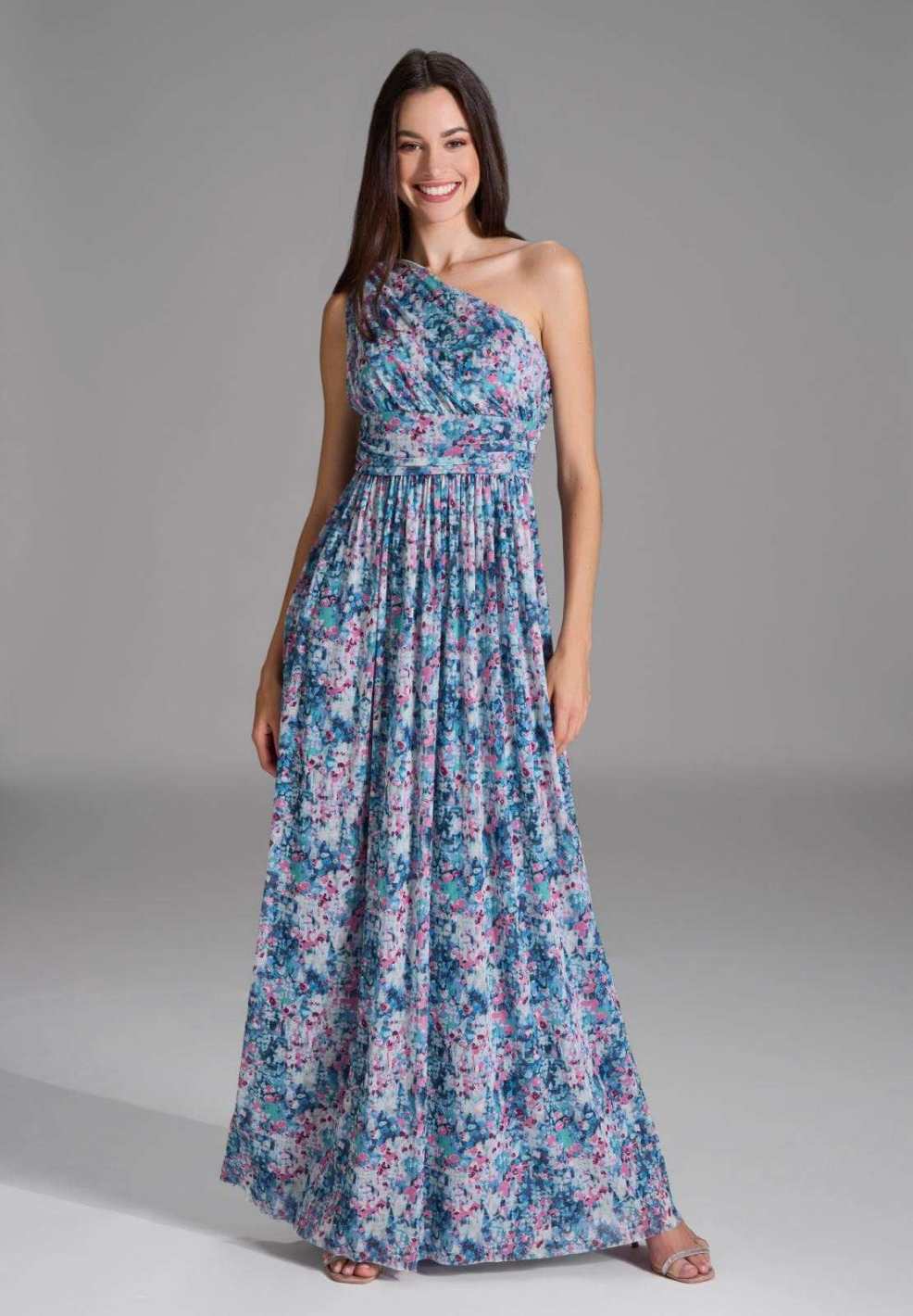 One Shoulder Abendkleid aus floral bedrucktem Mesh future blue multi
