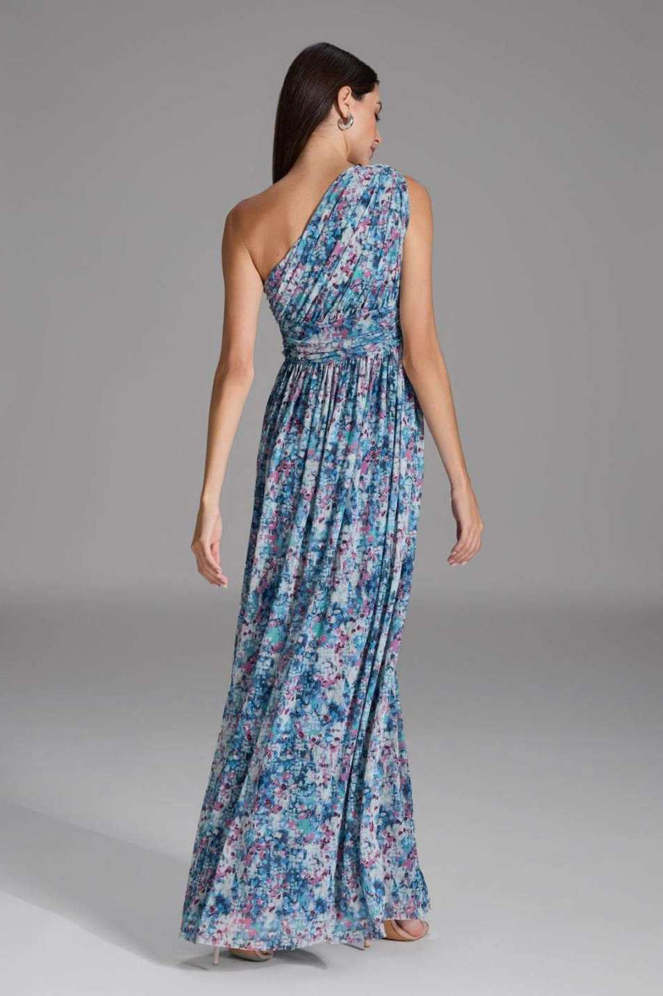 One Shoulder Abendkleid aus floral bedrucktem Mesh