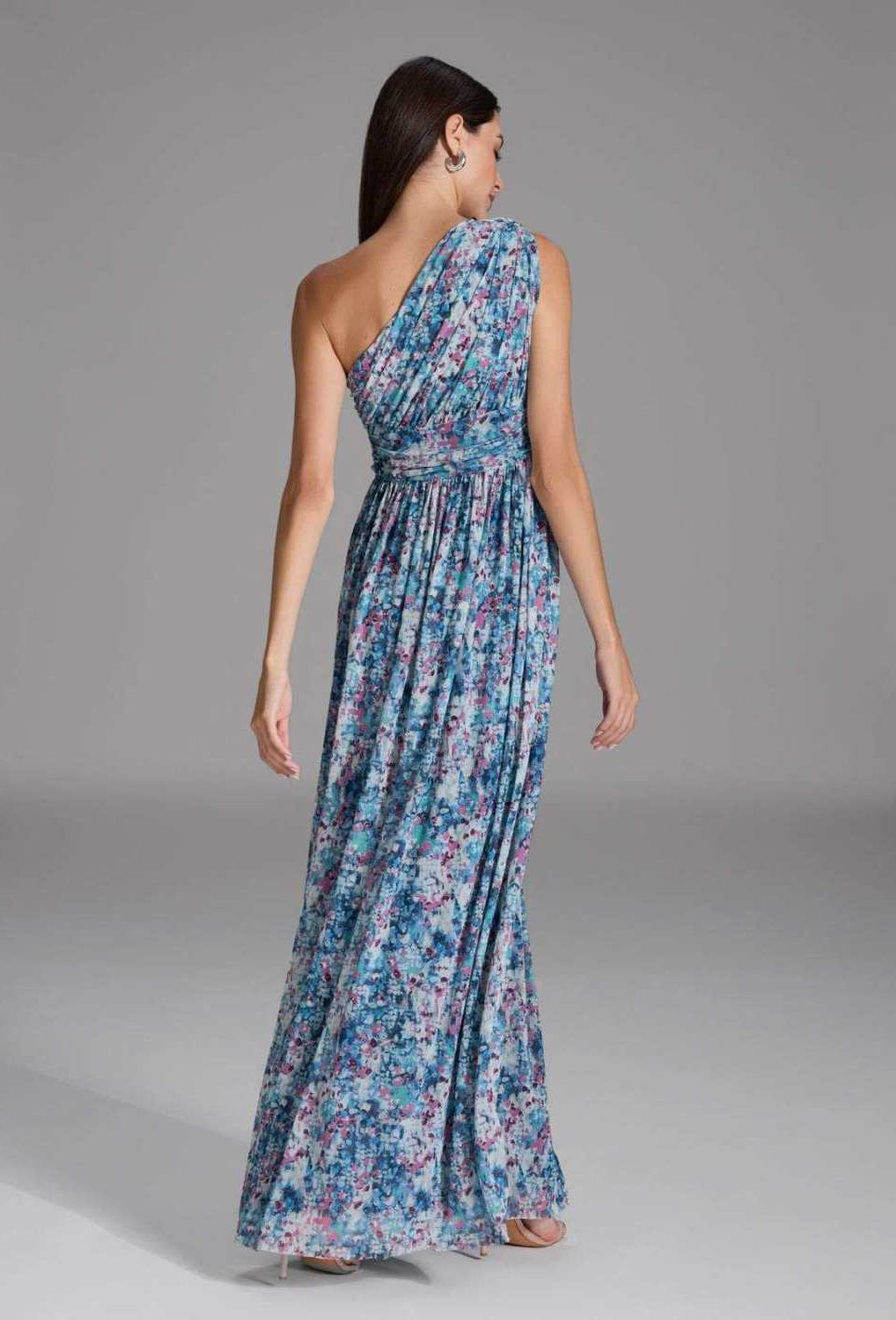 One Shoulder Abendkleid aus floral bedrucktem Mesh