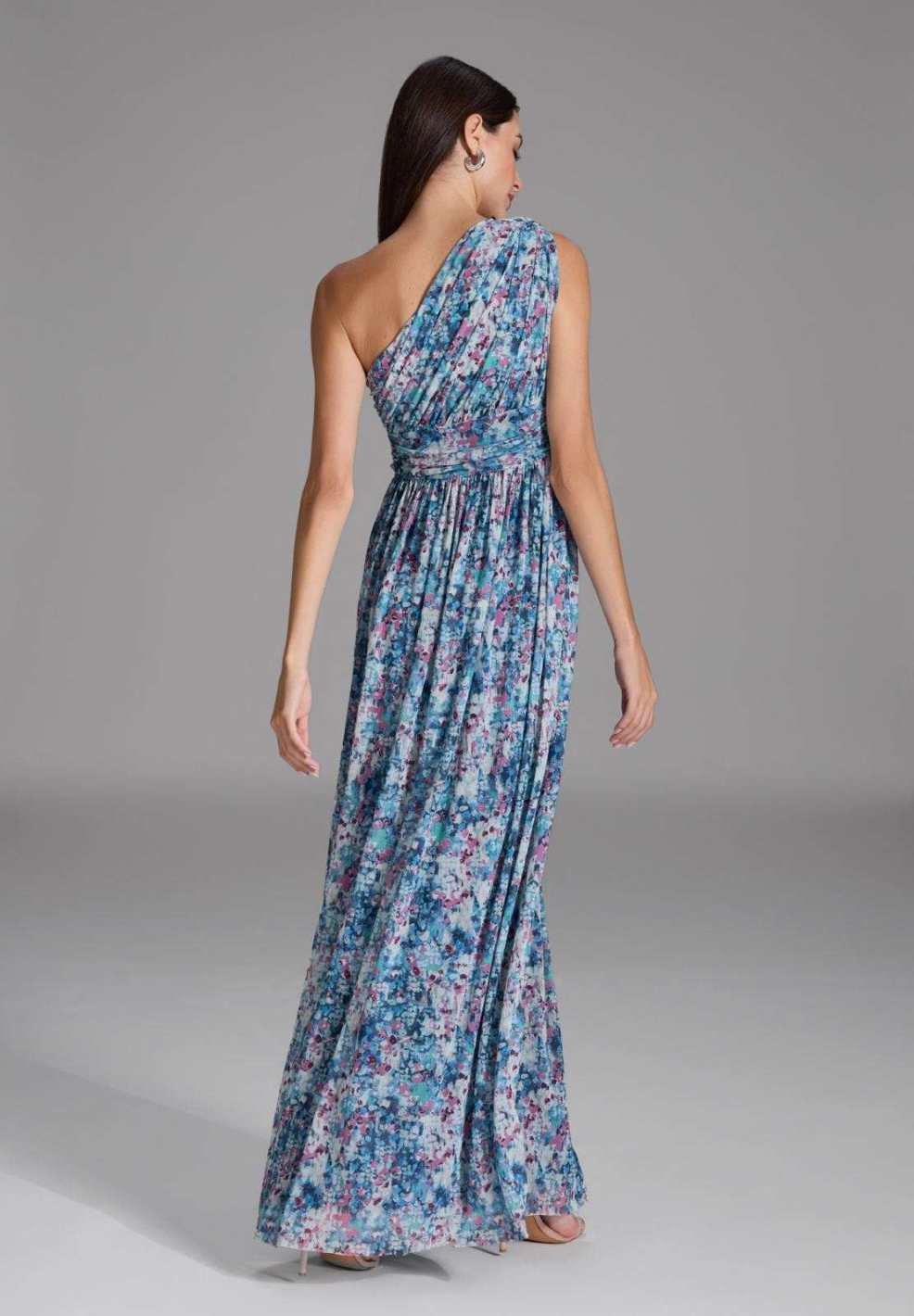 One Shoulder Abendkleid aus floral bedrucktem Mesh