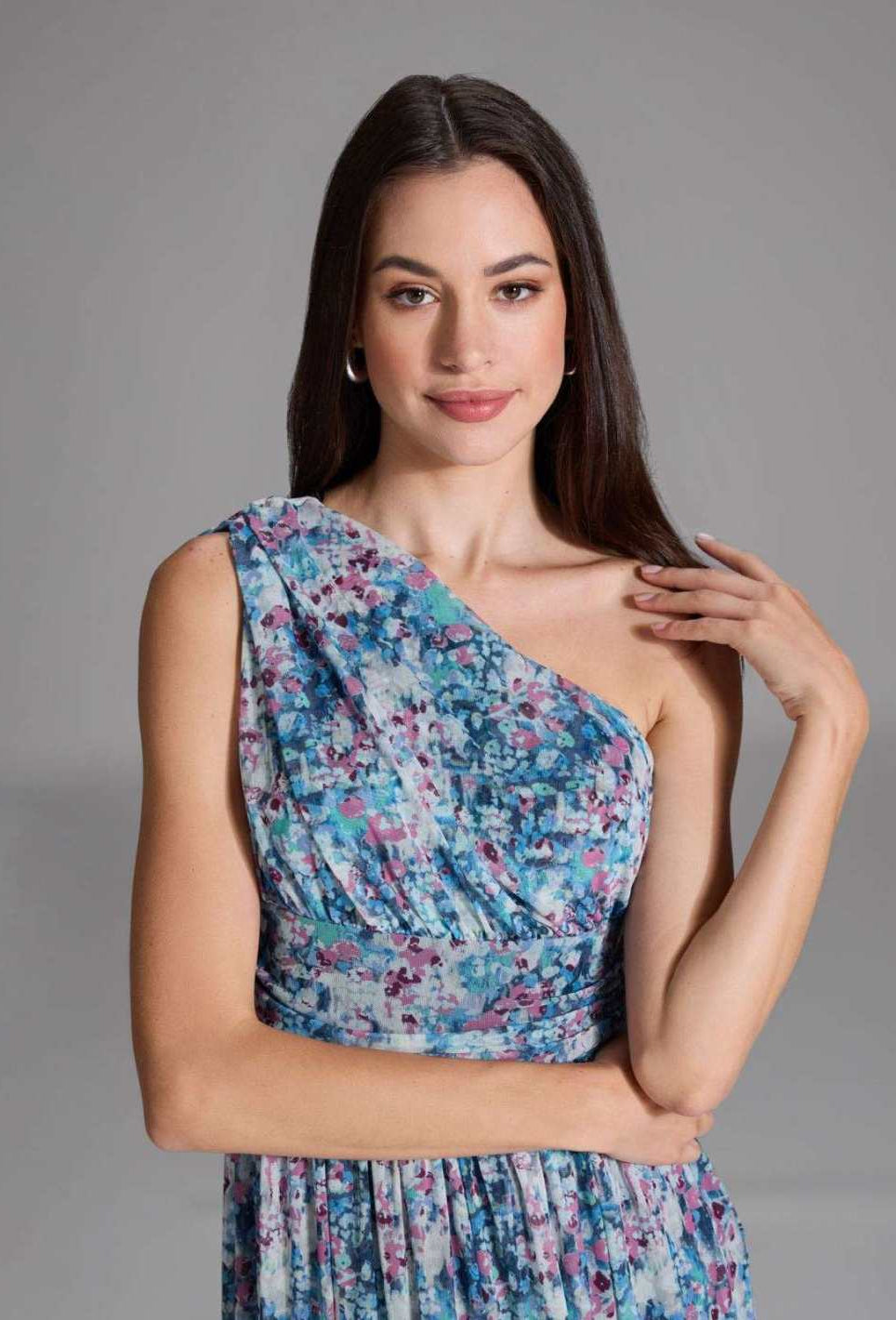 One Shoulder Abendkleid aus floral bedrucktem Mesh