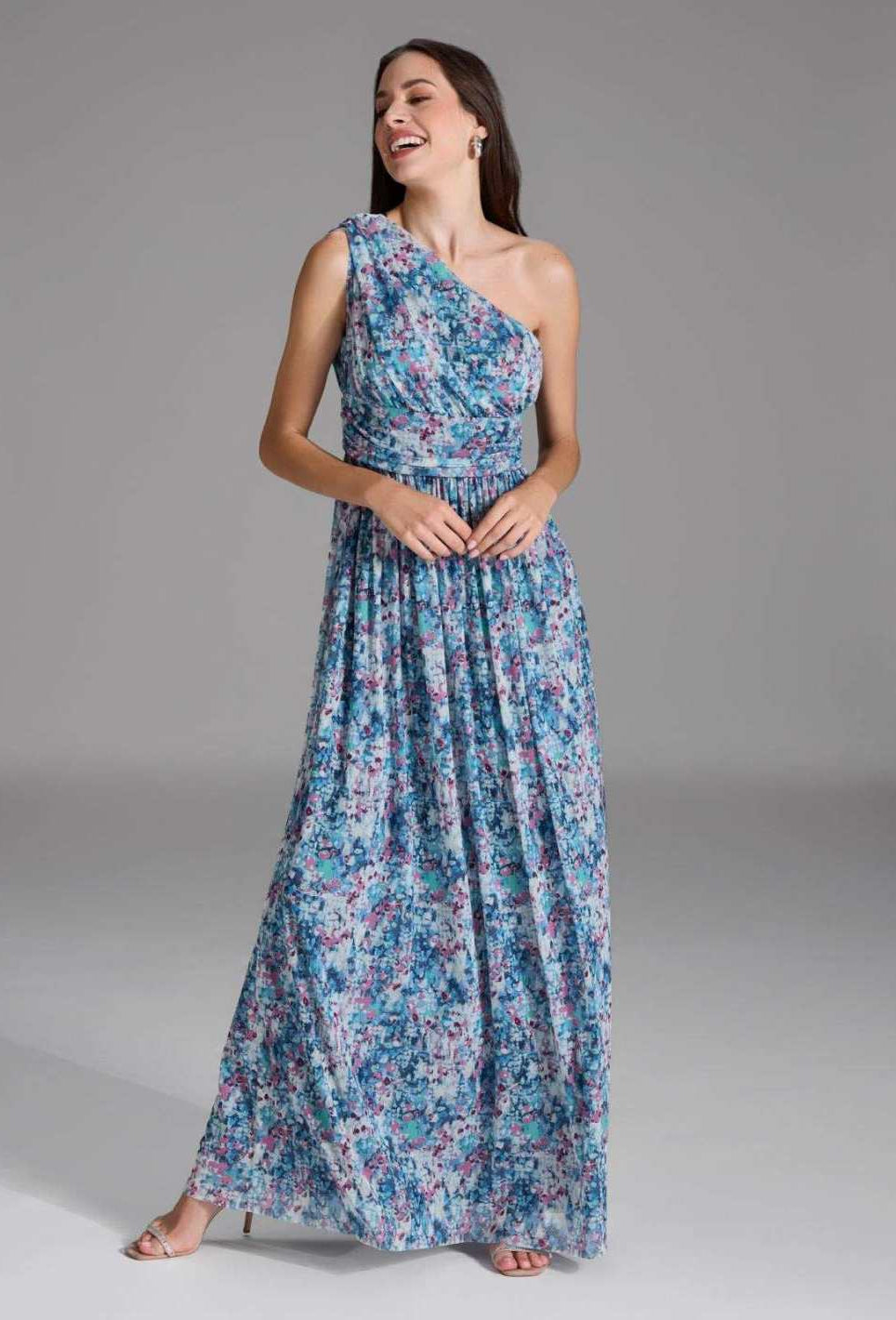 One Shoulder Abendkleid aus floral bedrucktem Mesh