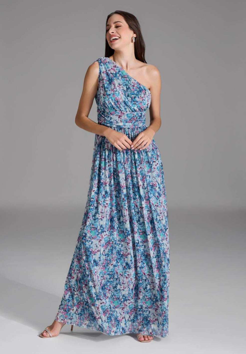 One Shoulder Abendkleid aus floral bedrucktem Mesh