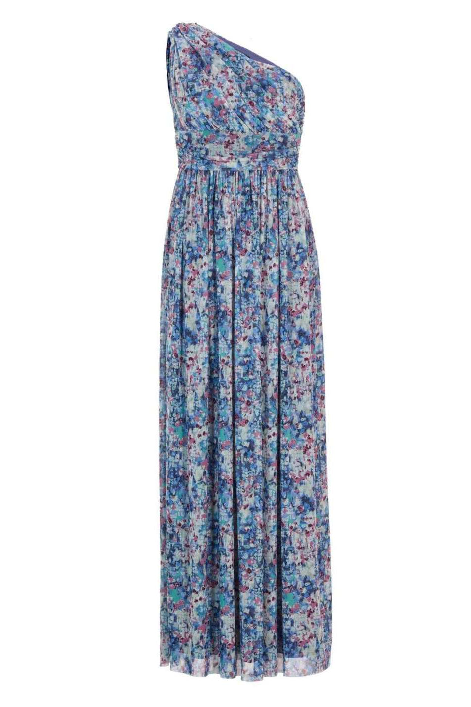 One Shoulder Abendkleid aus floral bedrucktem Mesh
