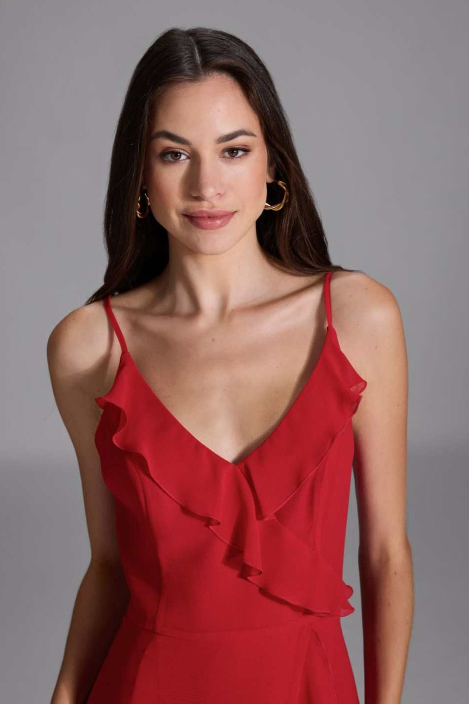 Abendkleid aus Chiffon Vokuhila Saum und Volants