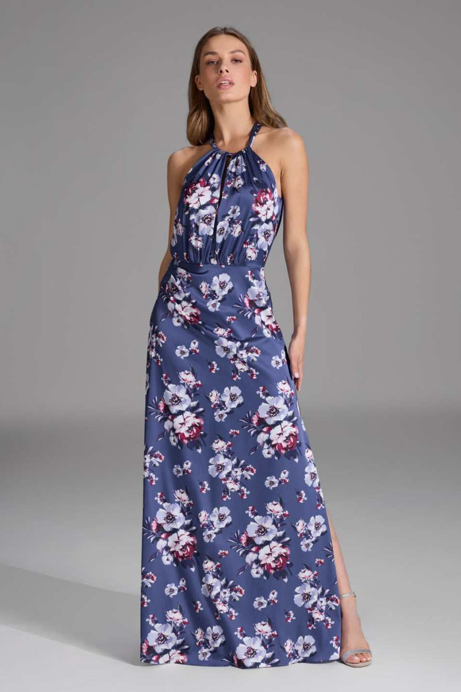 Abendkleid mit amerikanischem Ausschnitt aus bedrucktem Satin future blue multi