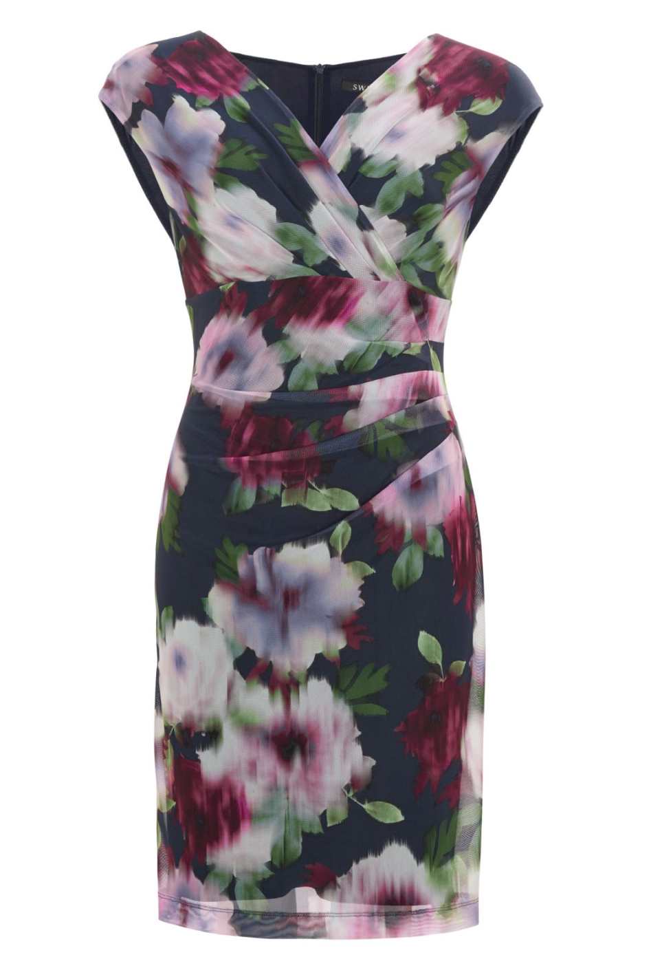 Etuikleid mit Wickel-Ausschnitt aus bedrucktem Mesh