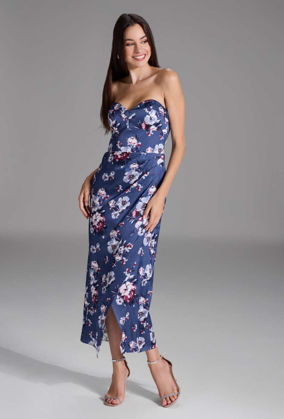 Abendkleid mit Corsage aus floral bedrucktem Satin future blue multi