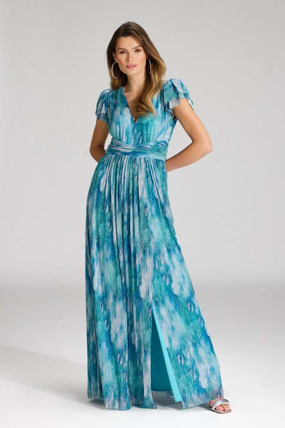 Abendkleid aus bedrucktem Plissee Jersey mit betonter Schulter cruise blue multi