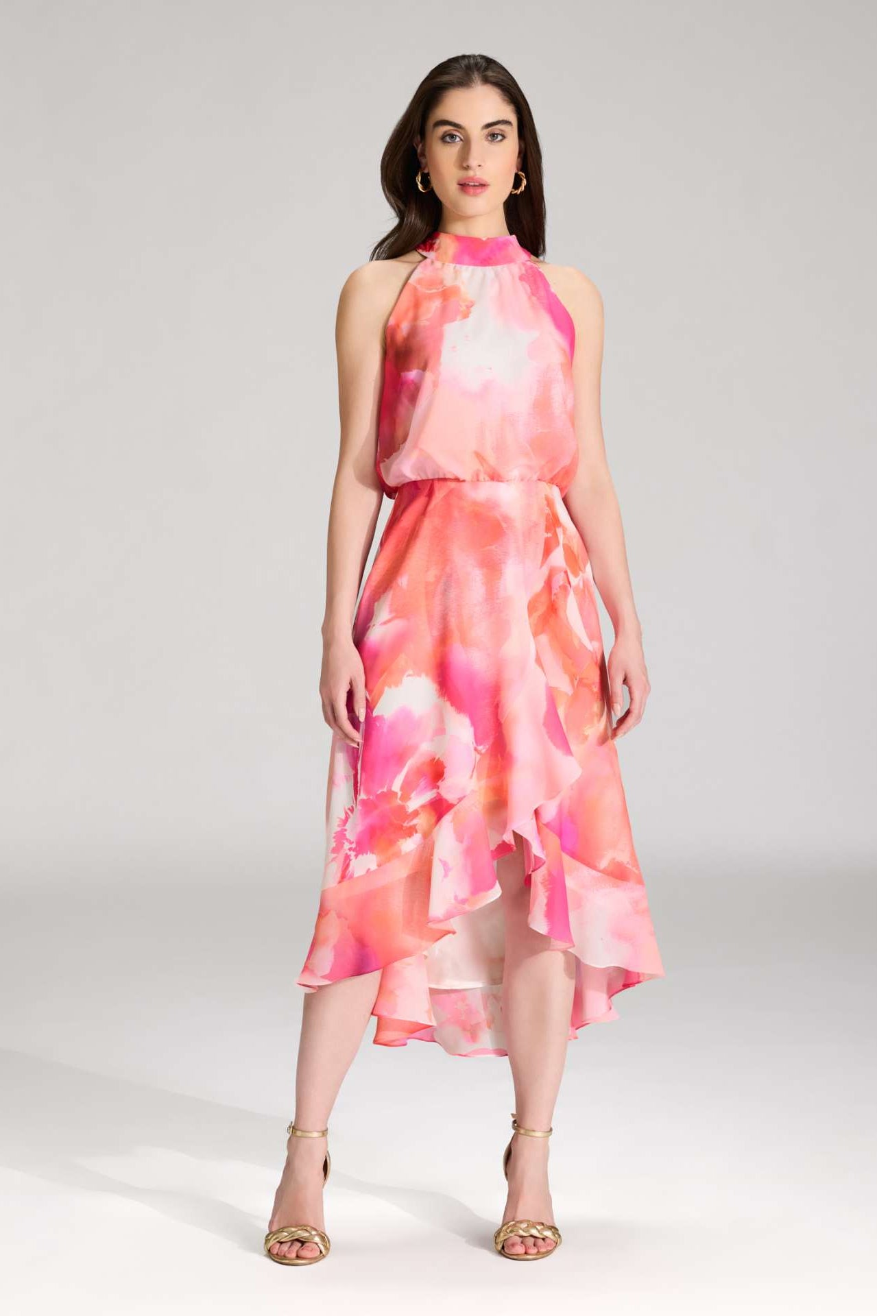 Cocktail Kleid aus bedrucktem Chiffon mit Volant am Saum hibiskus pink multi