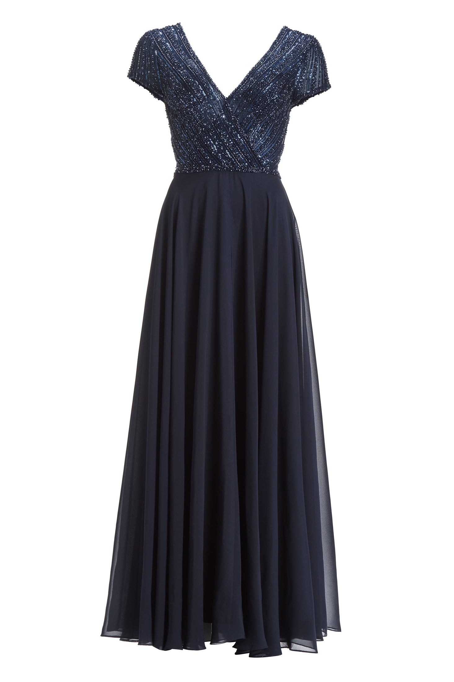 Besticktes Chiffonkleid mit kurzen Ärmeln