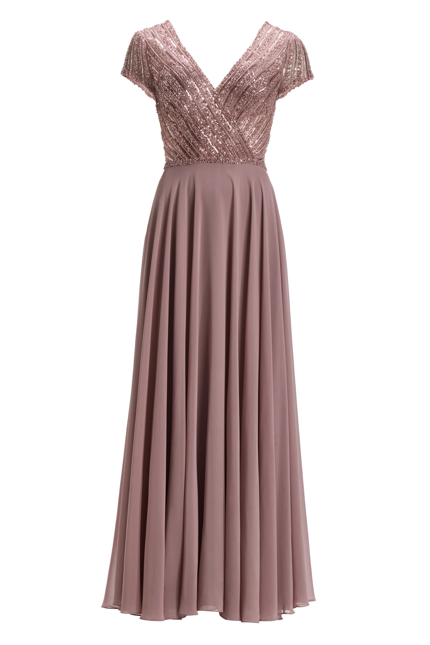 Besticktes Chiffonkleid mit kurzen Ärmeln