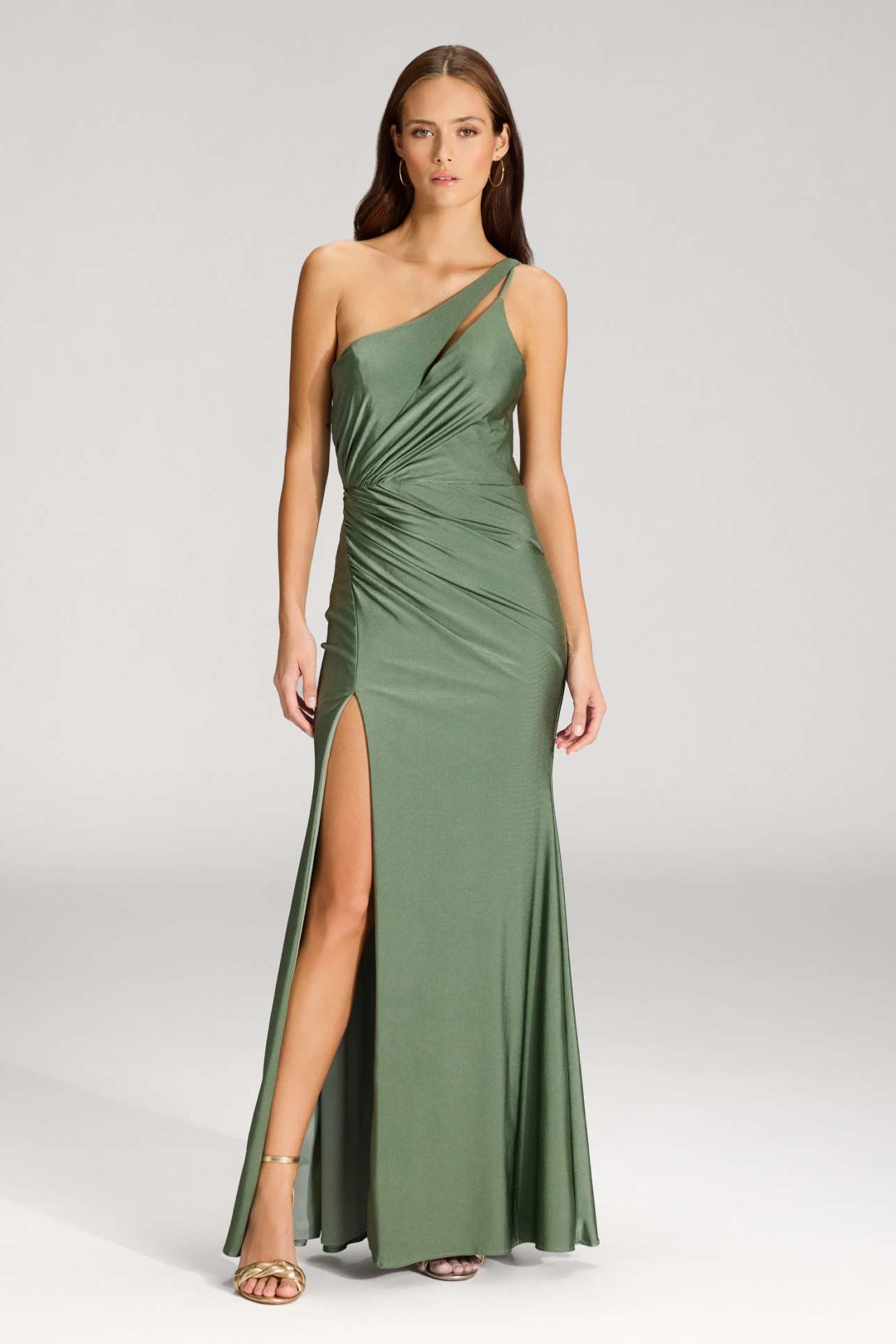 One-Shoulder-Kleid mit Cut-Out und Beinschlitz matcha green
