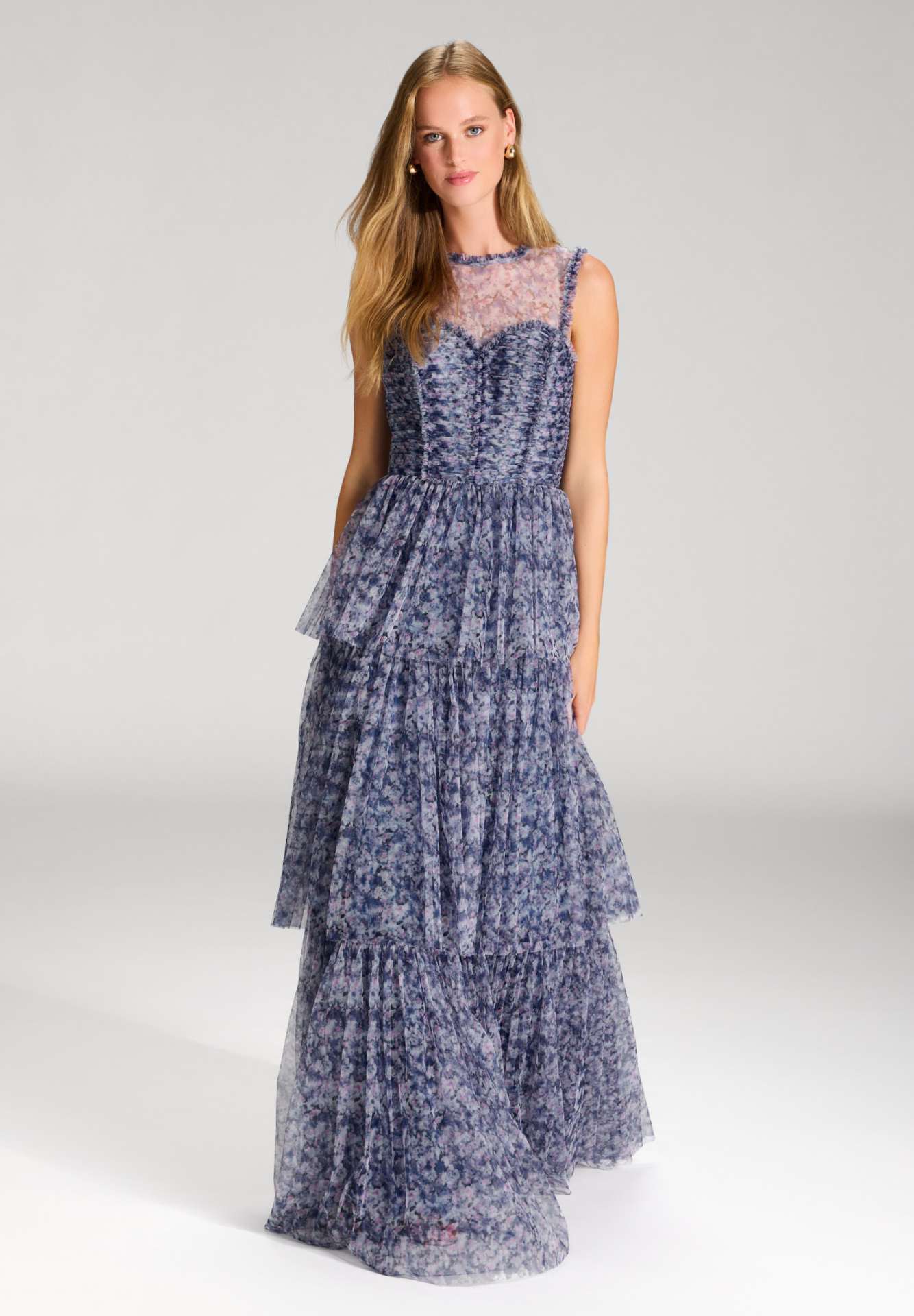 Printkleid aus Tüll mit Rüschendetails blue rose print