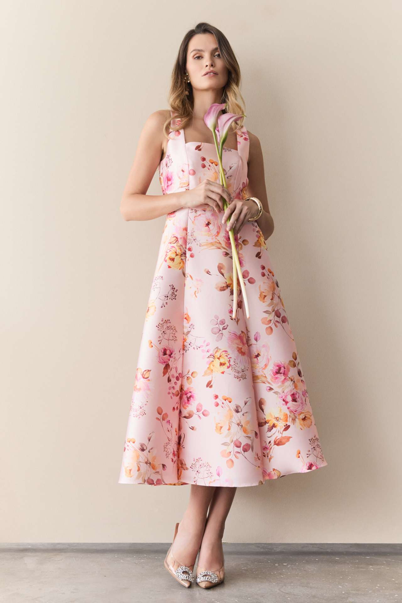 Cocktailkleid mit Karree-Ausschnitt aus floral bedrucktem Twill raspberry pink multi